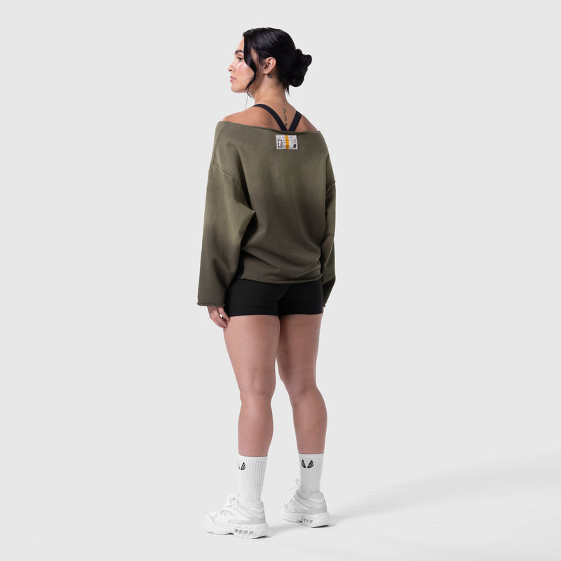 W049. Raw Hem Oversized Crewneck - Olive Sun Fade
