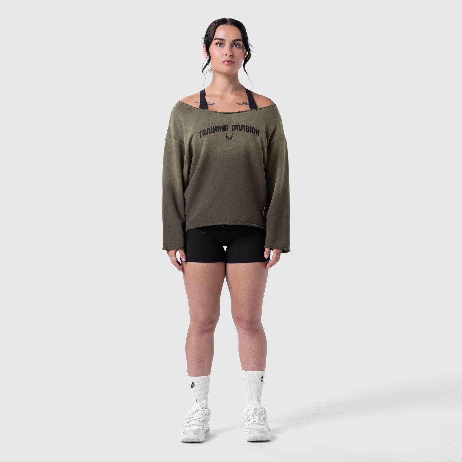 Raw Hem Oversized Crewneck in olive worn with black shorts and white socks, front view