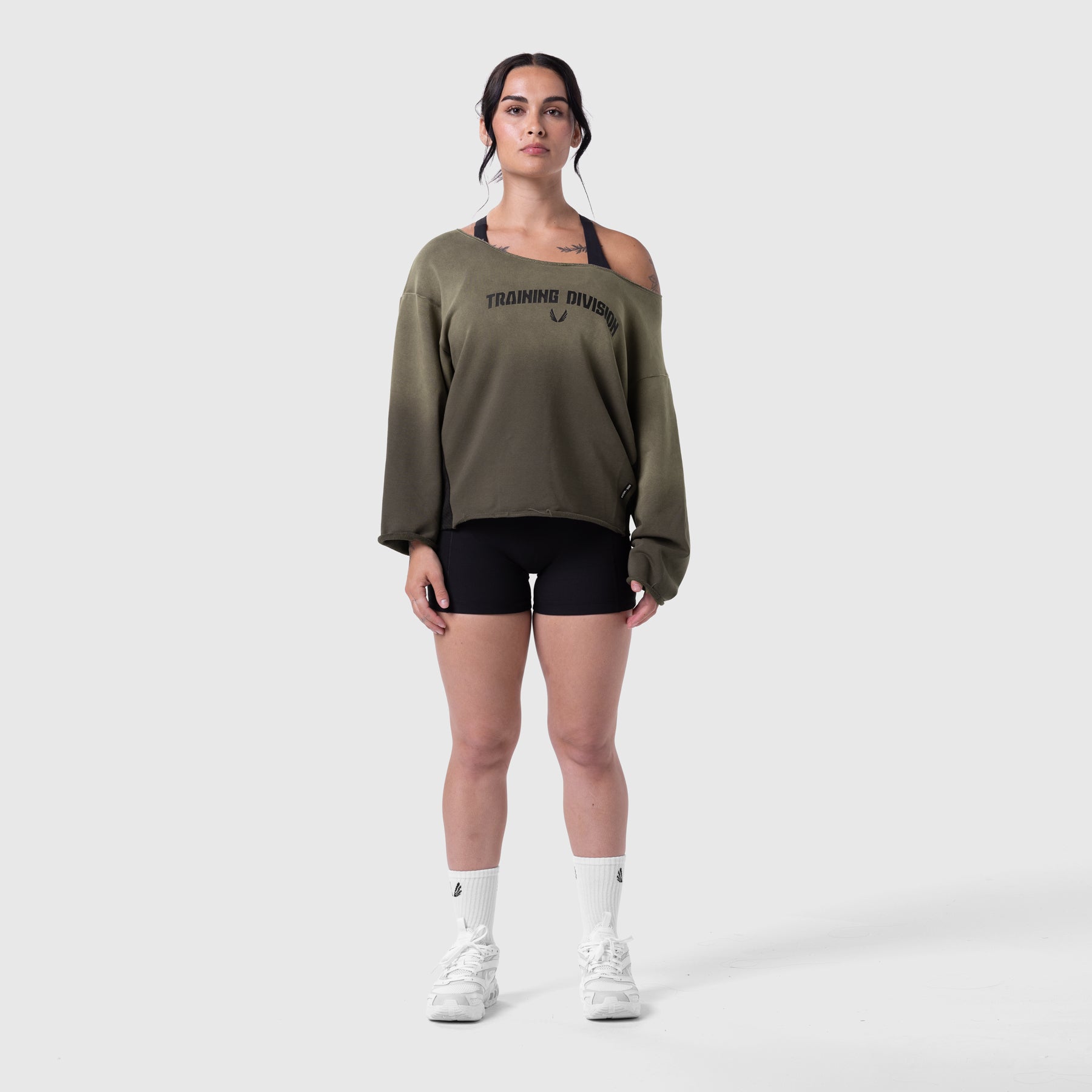 Raw Hem Oversized Crewneck in olive worn with black shorts and white socks, front view