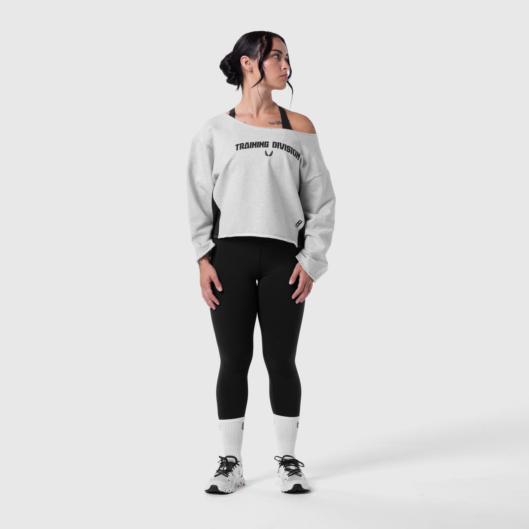 Raw Hem Oversized Crewneck in heather grey worn with black leggings and white socks, front view