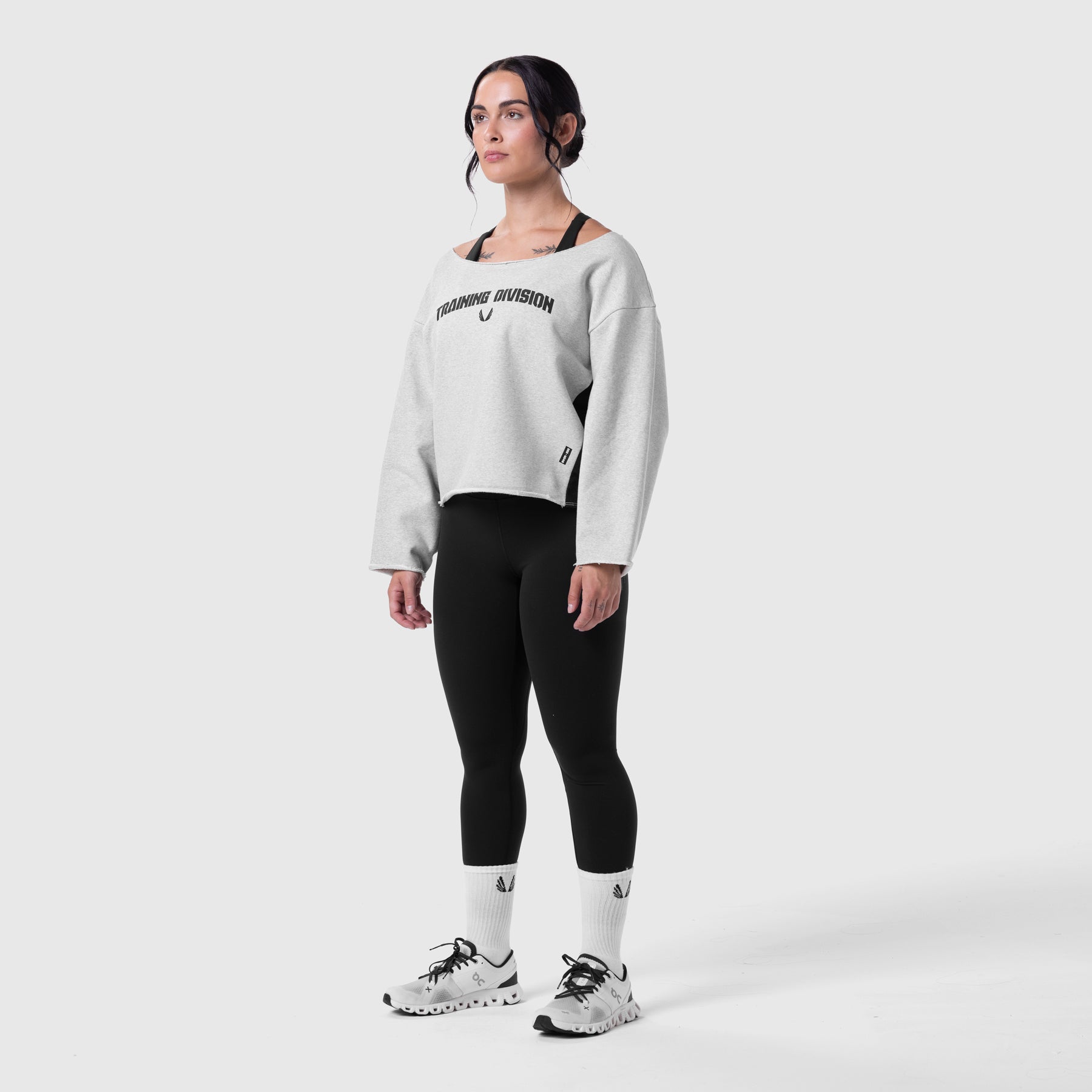 Raw Hem Oversized Crewneck in heather grey worn with black leggings and white sneakers