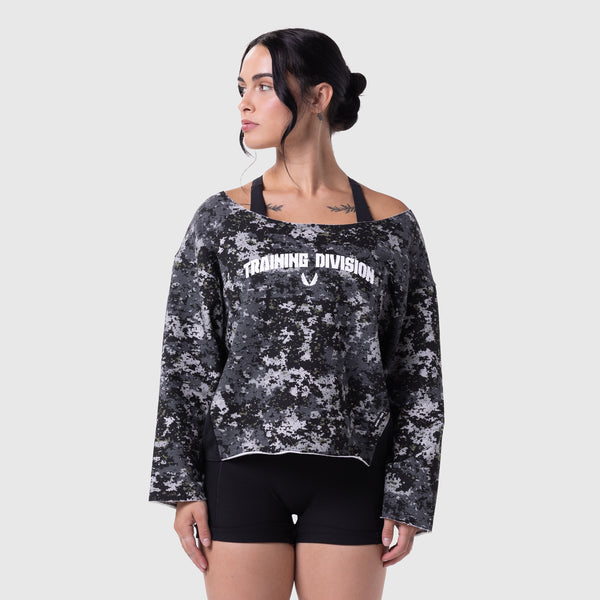 W049. Raw Hem Oversized Crewneck - Pixel Camo