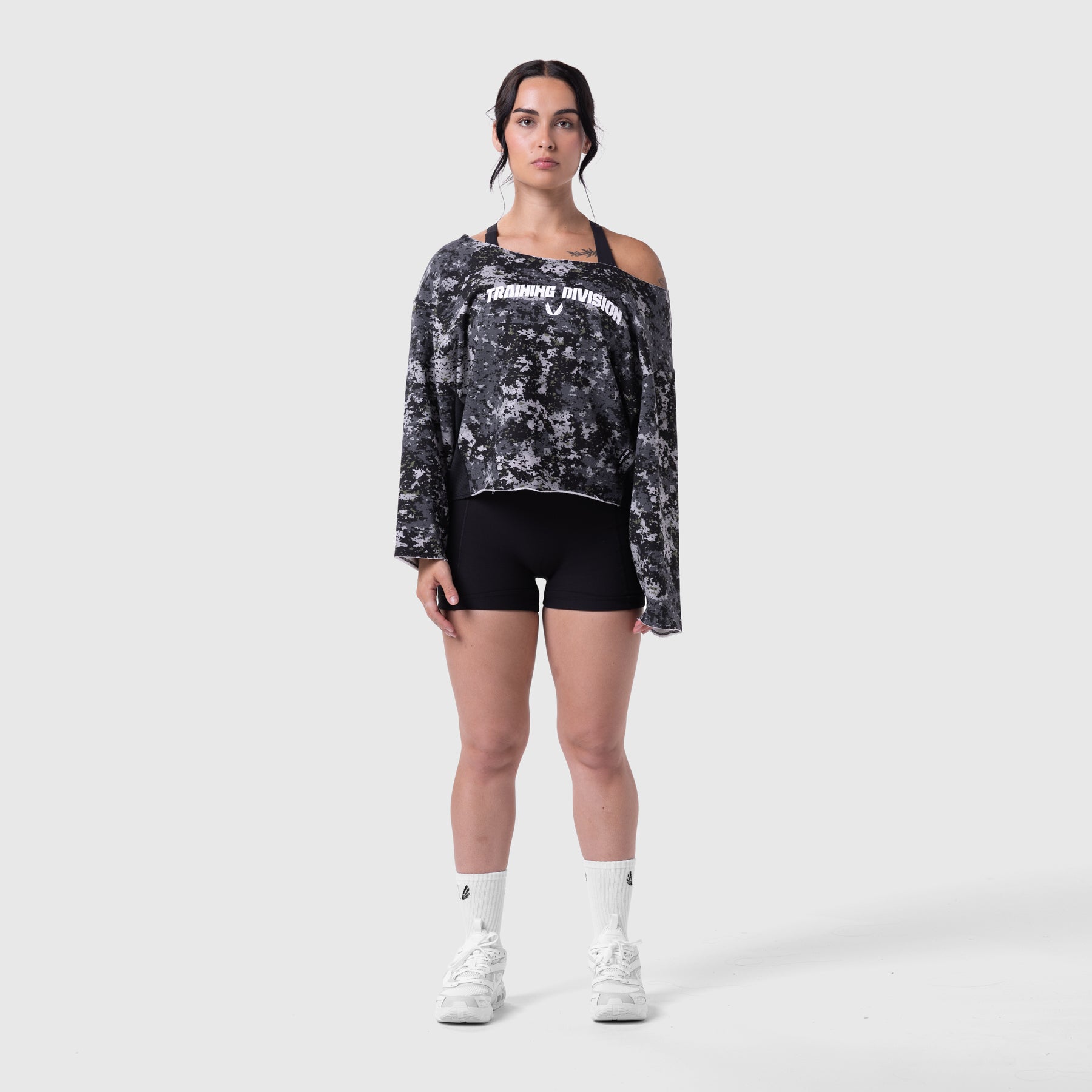 Raw Hem Oversized Crewneck in pixel camo worn with black shorts, front view