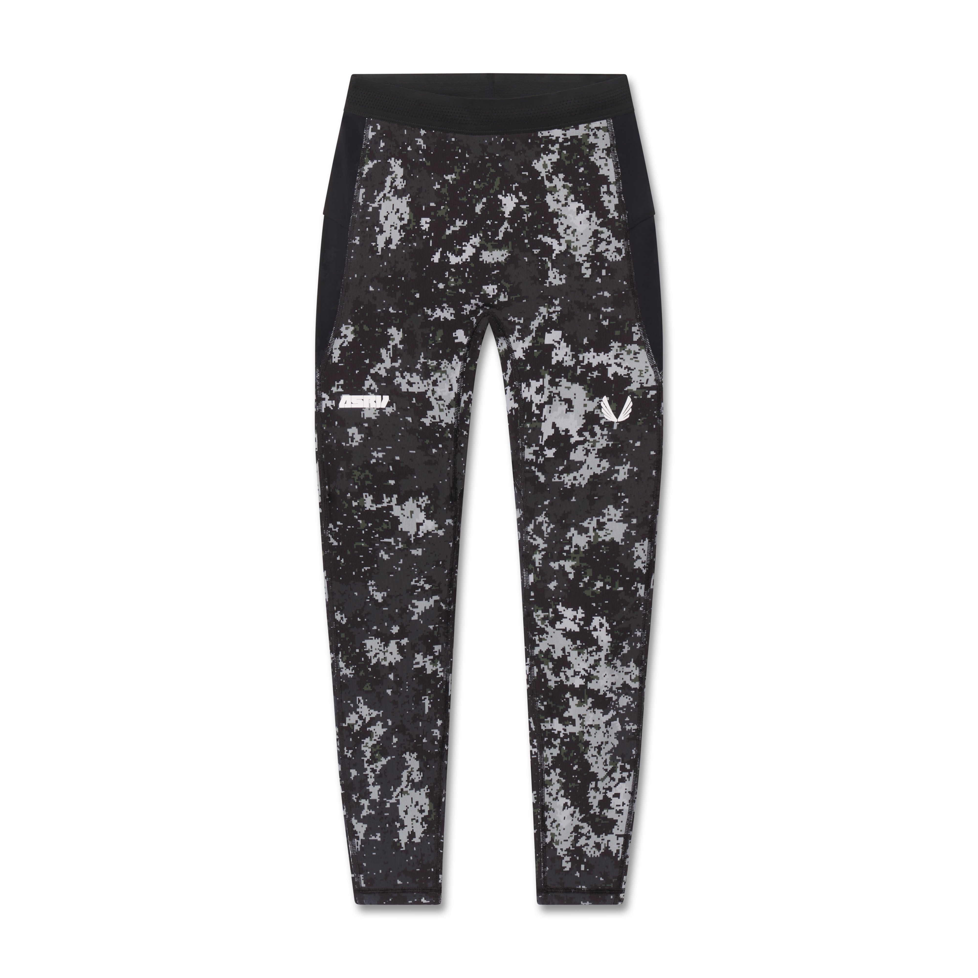 flatlay W055 Lycra Ribbed Running Tight in black with white pixel camo print, front view