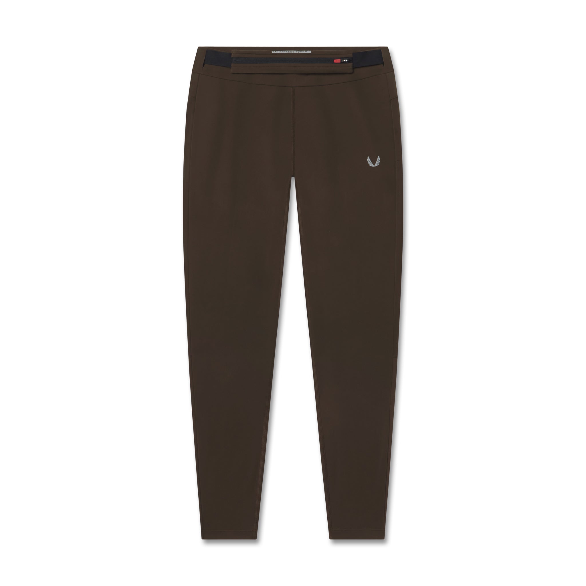 Flatlay of W059 Hybrid Belt-Pack Run Legging in Dark Earth, front view