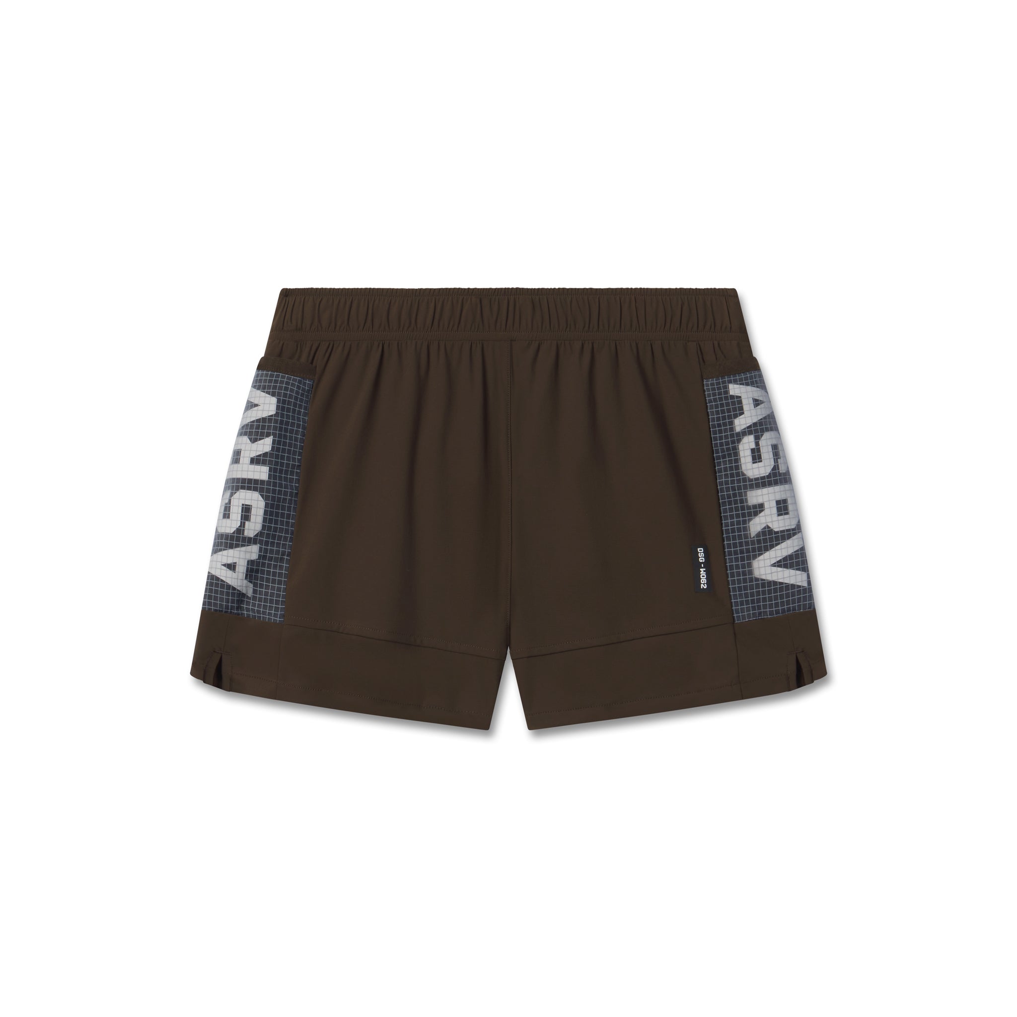 flatlay Tetra-Lite Adventure Short in Dark Earth with blue grid side panels, front view