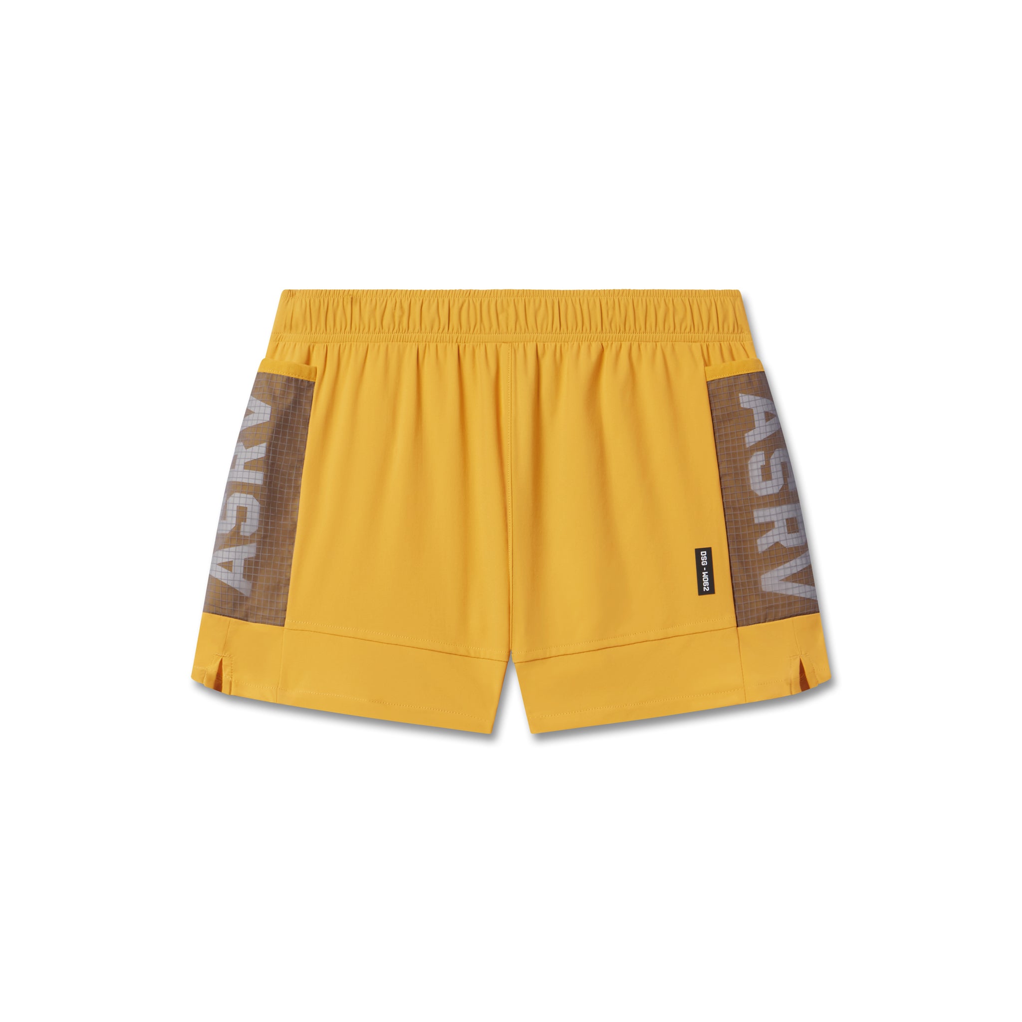 flatlay Tetra-Lite Adventure Short in amber yellow with brown side panels, front view