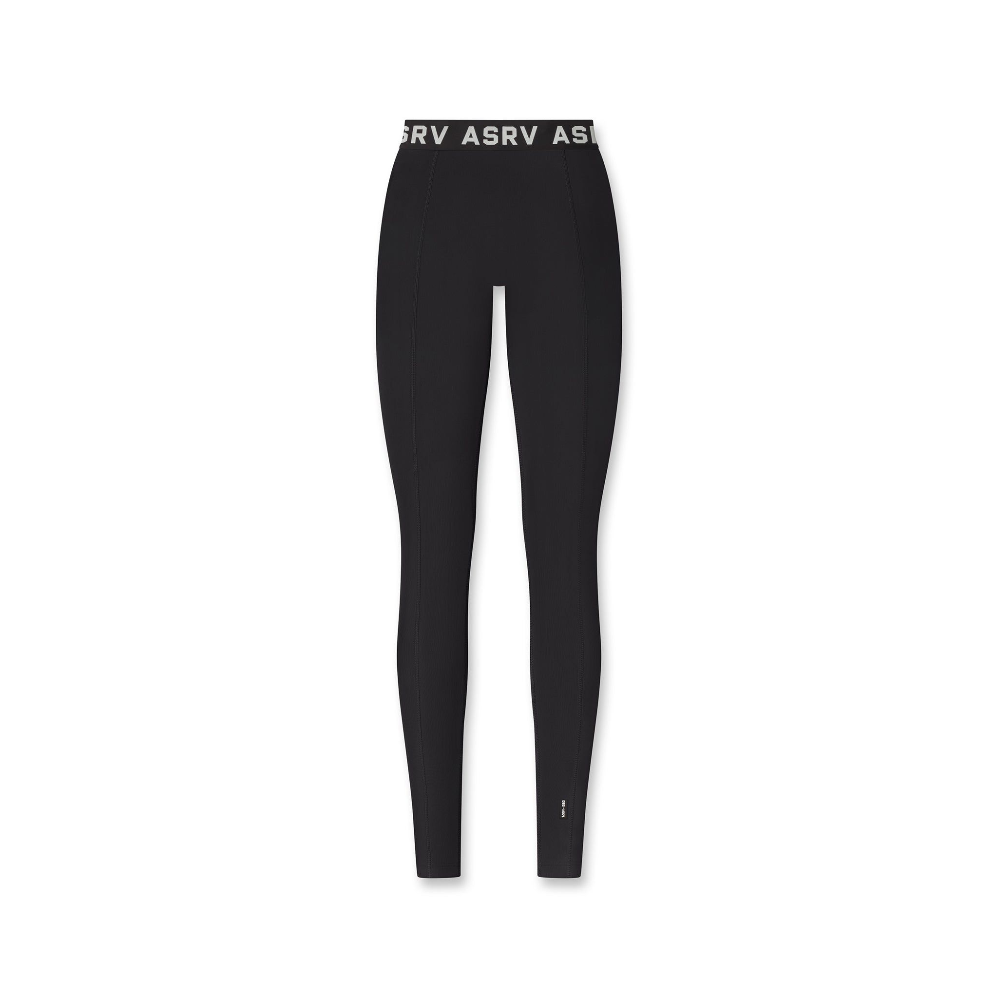 Flatlay of W071 Lycra Ribbed Legging in black with branded waistband, front view