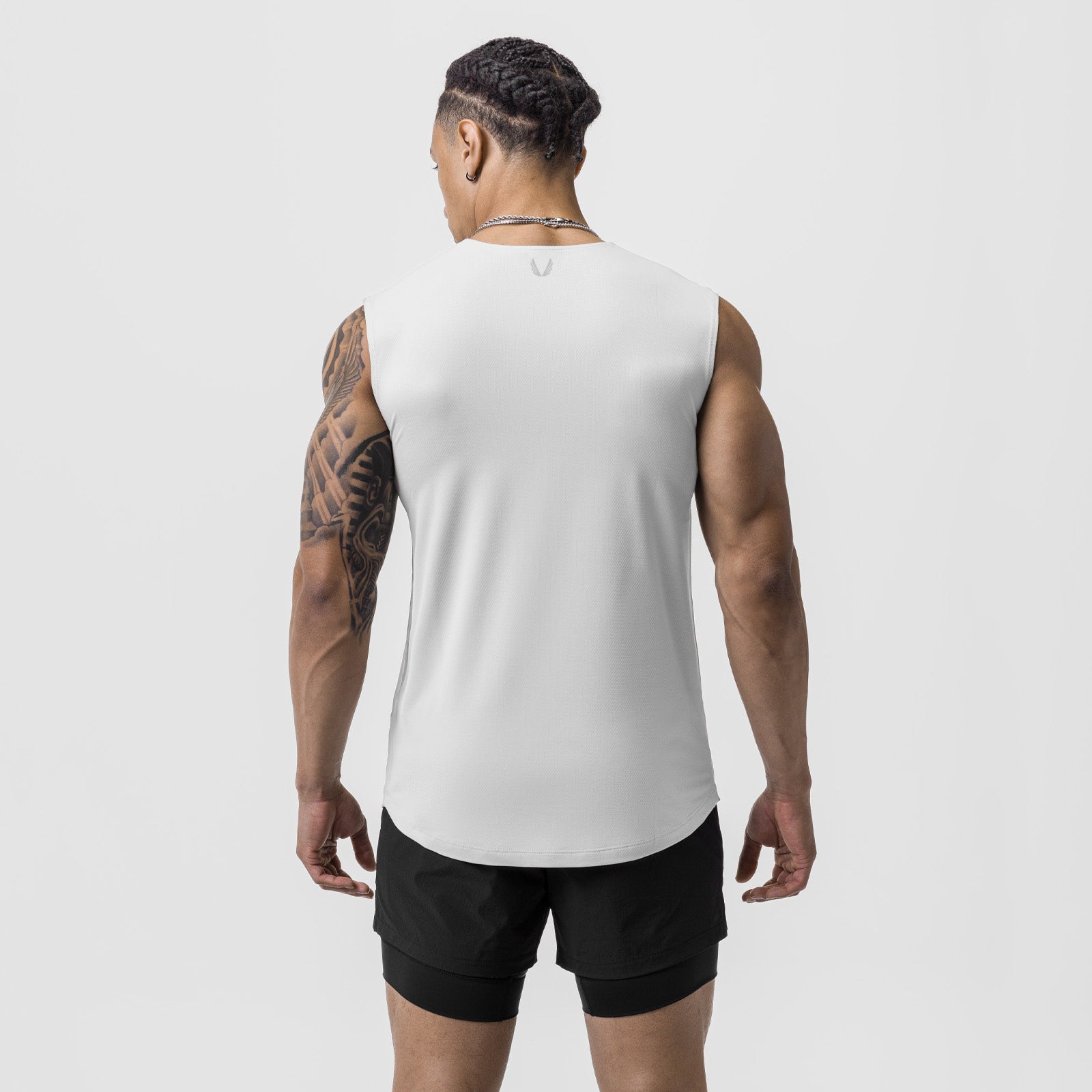 White AeroSilver Cutoff Tank worn by model, back view