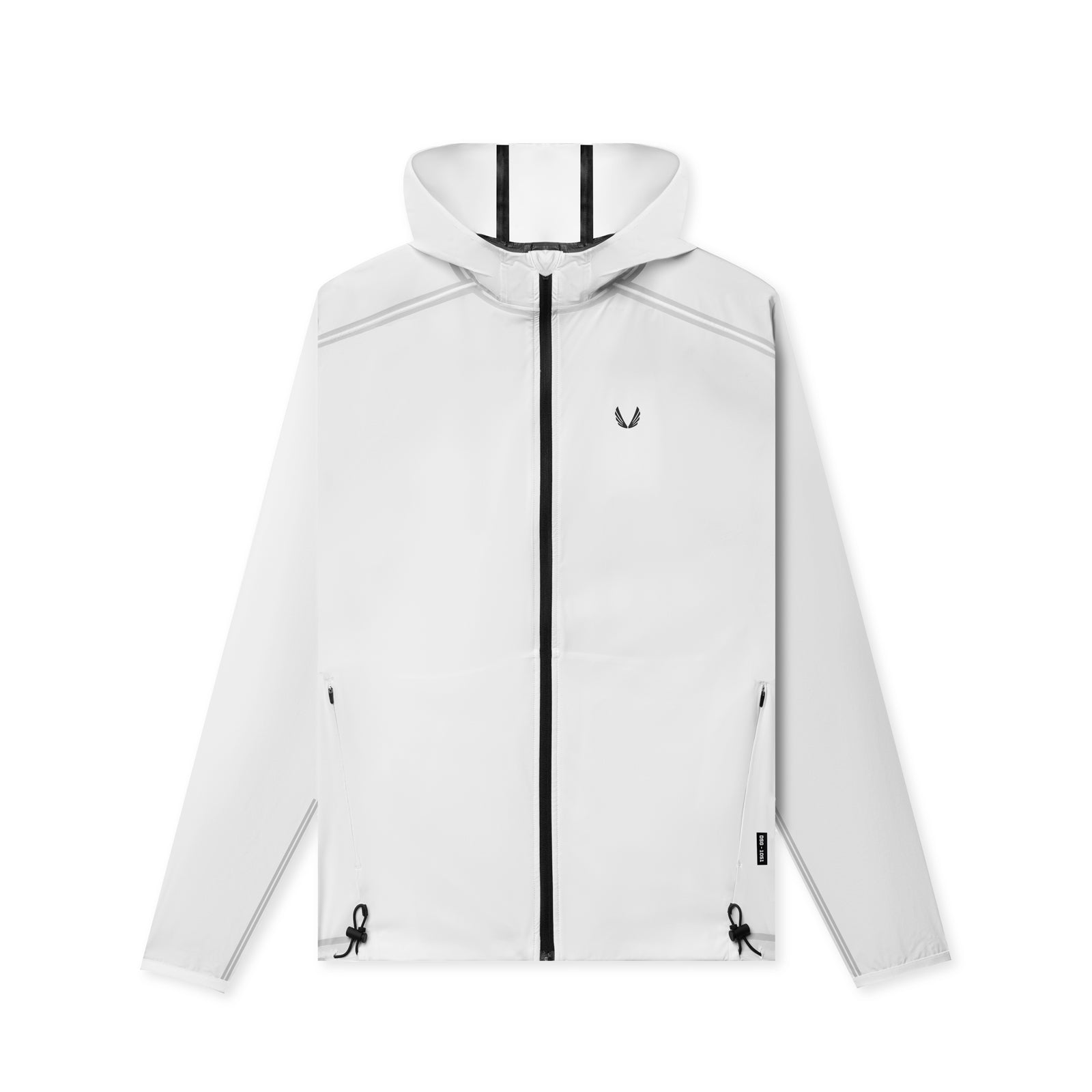 flatlay Aerotex Lightweight Windbreaker in white with black zipper and trim, front view