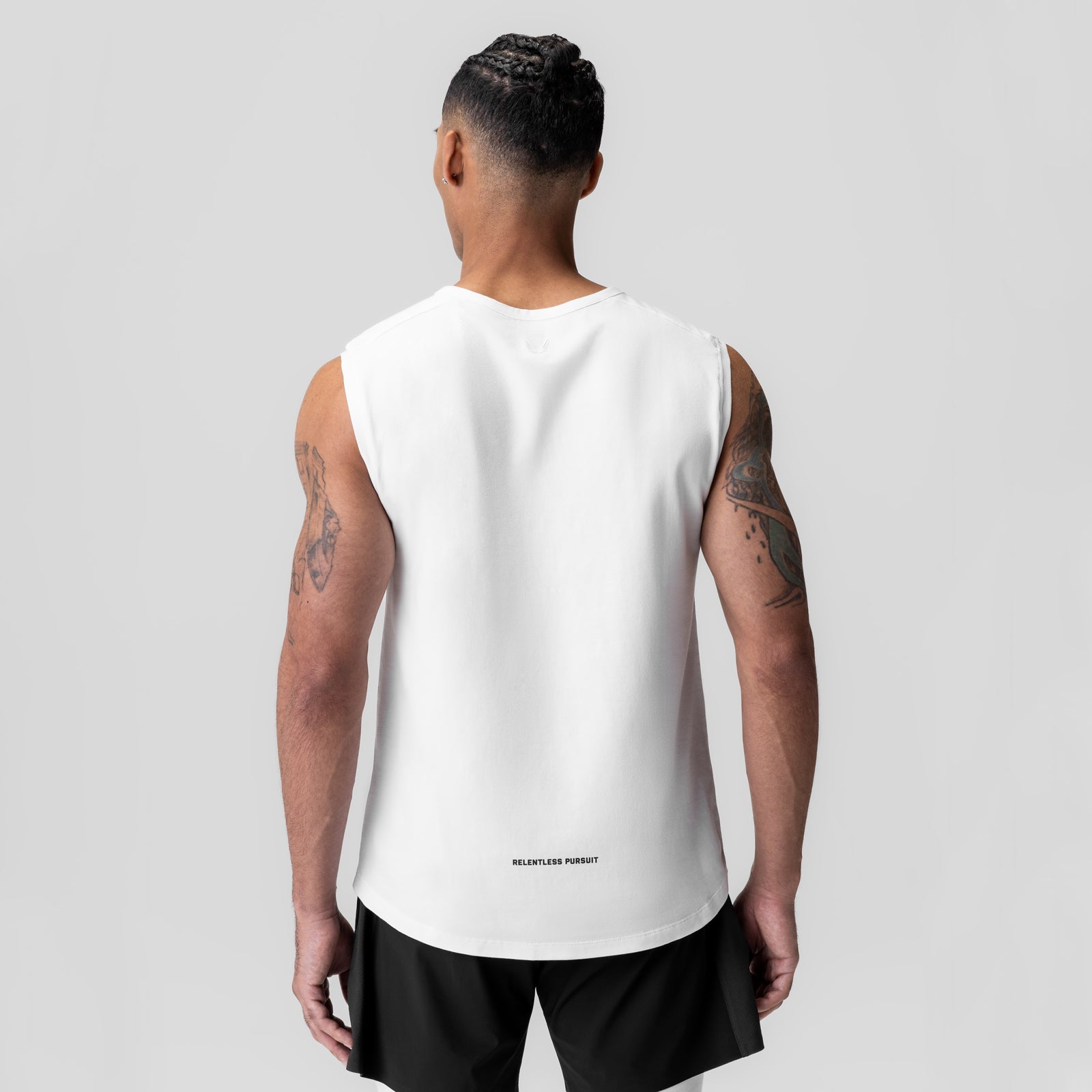 White Creora® Cotton Modal Cutoff Tank worn by model, back view