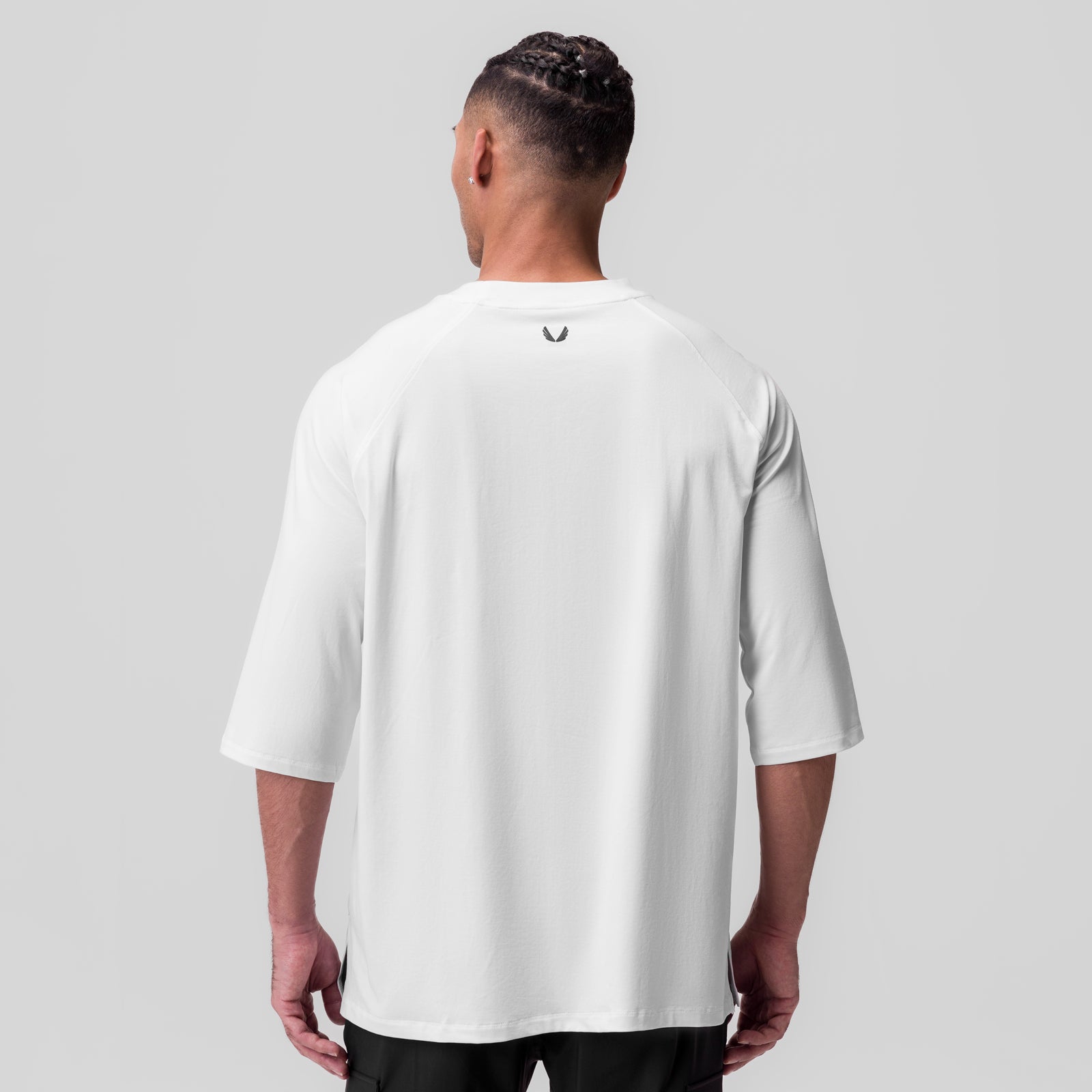 White Supima® 3/4-sleeve oversized tee on model, back view