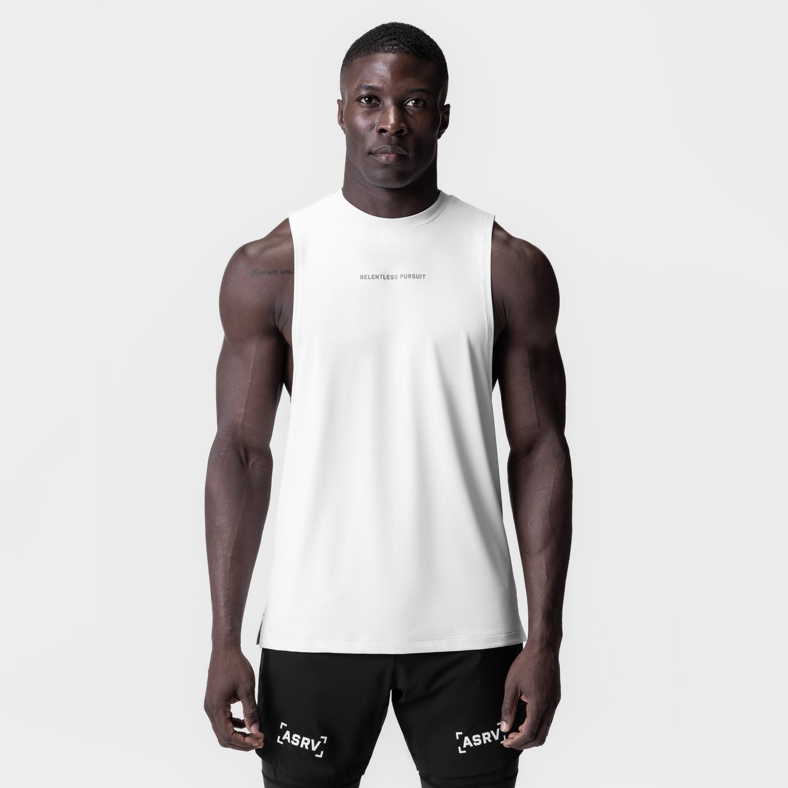 White 3D-Lite® 2.0 Lycra® muscle tank on model, front view