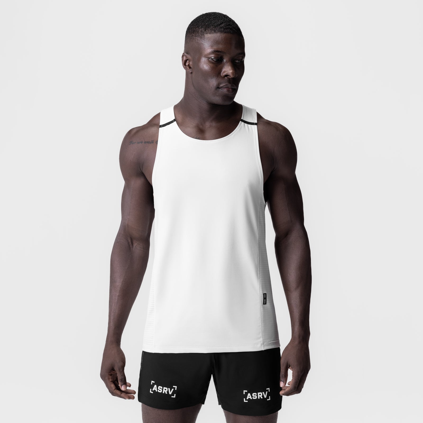 White 3D-Lite® 2.0 Lycra® Pro Singlet worn by model with black ASRV shorts, front view
