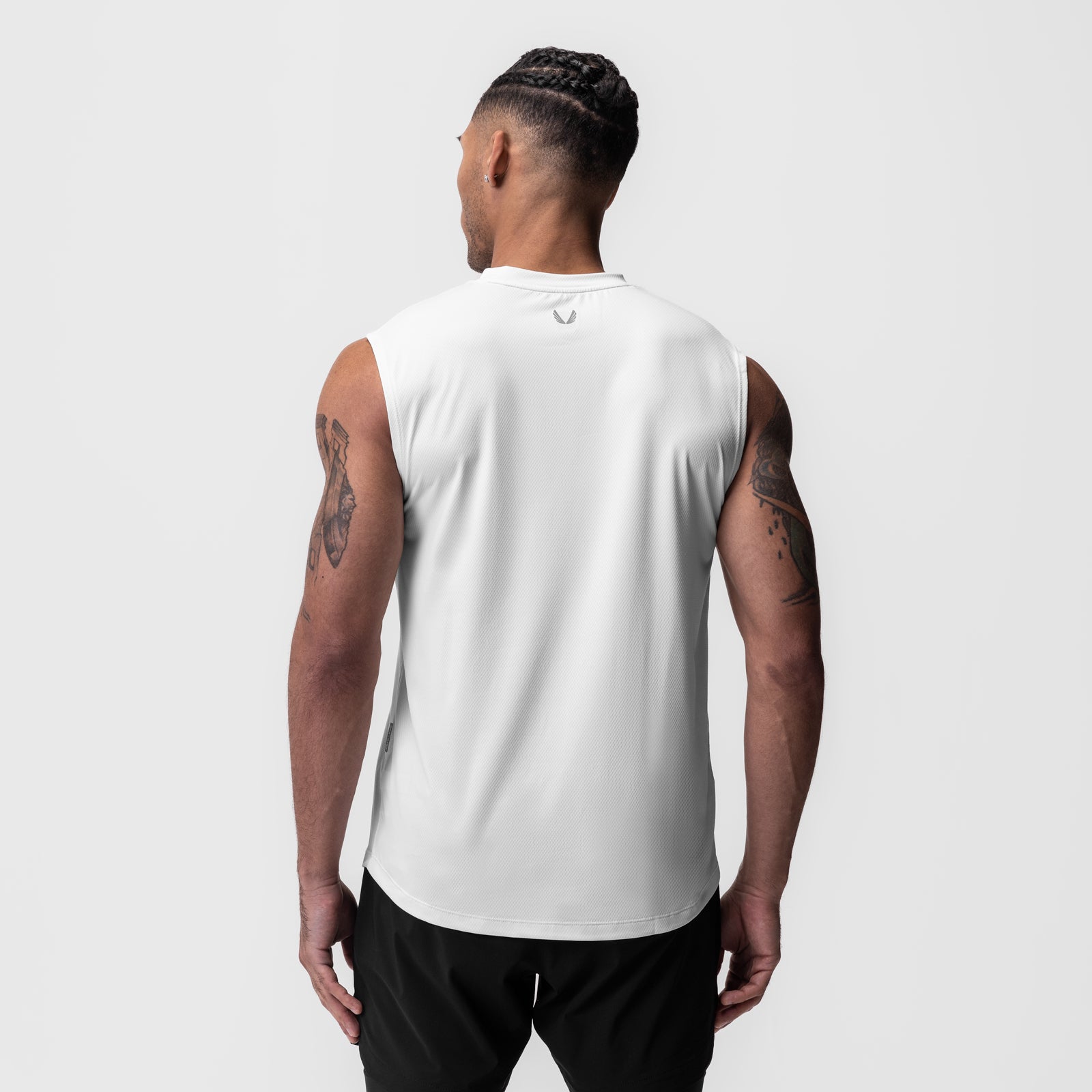White AeroSilver Cutoff Tank worn by model, back view