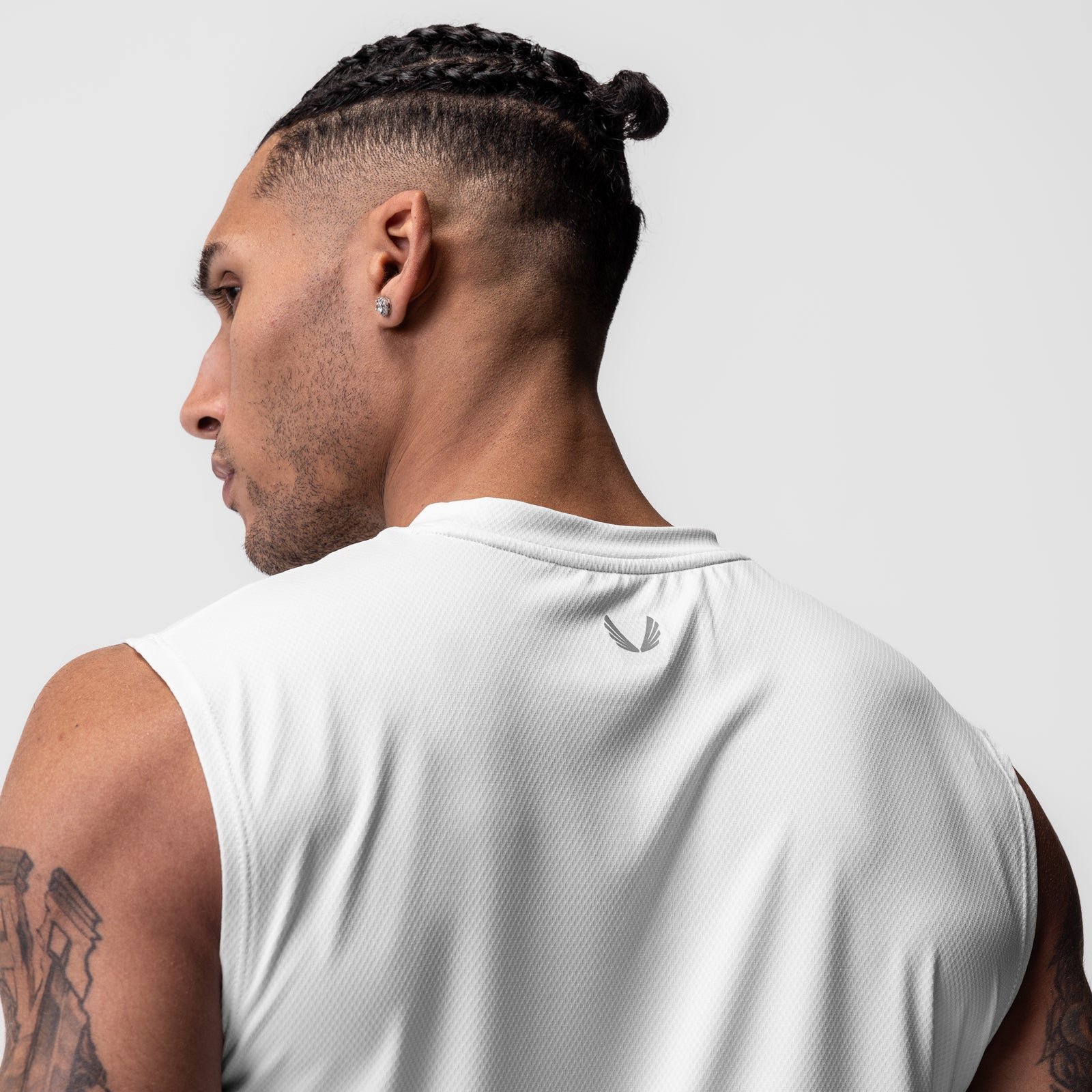 AeroSilver® Cutoff Tank in white, worn by model shown from side profile