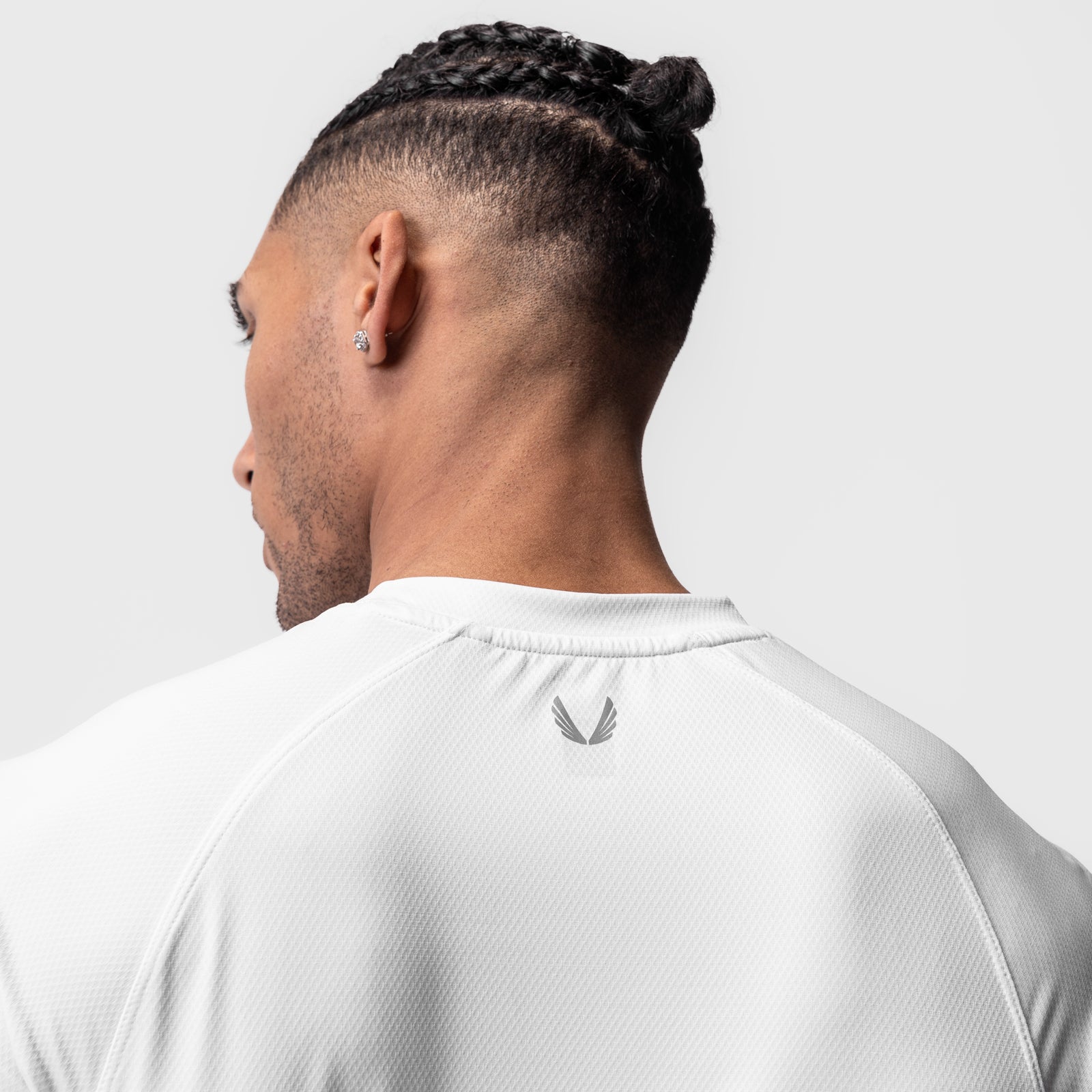 AeroSilver® Fitted Tee in white, rear view on model