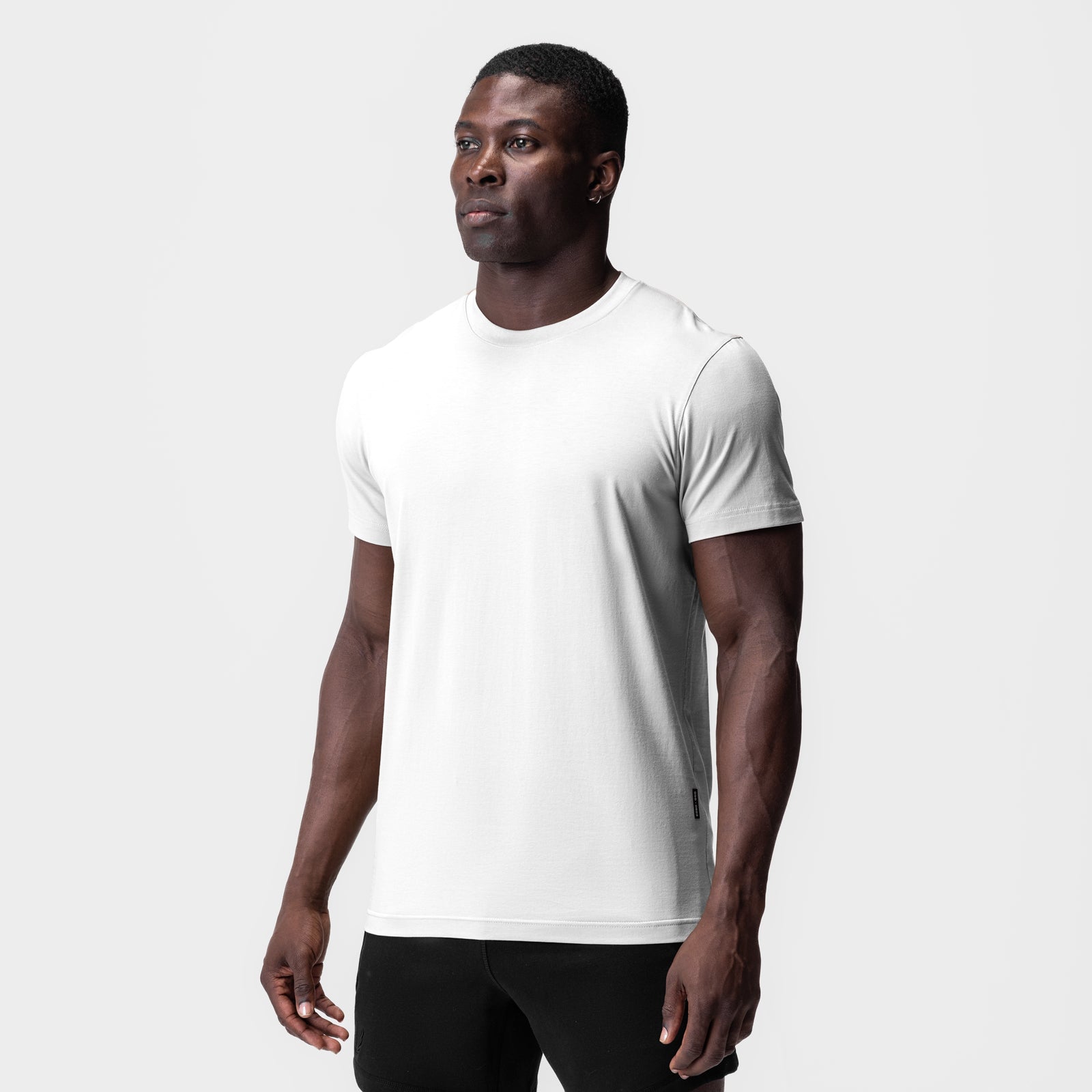 White Supima Essential Tee worn by model, front view