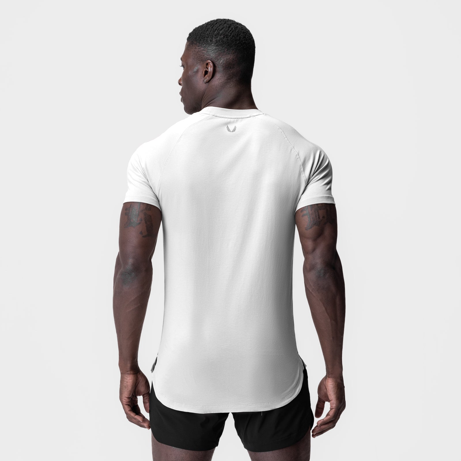 White Supima Established Tee worn by model, back view
