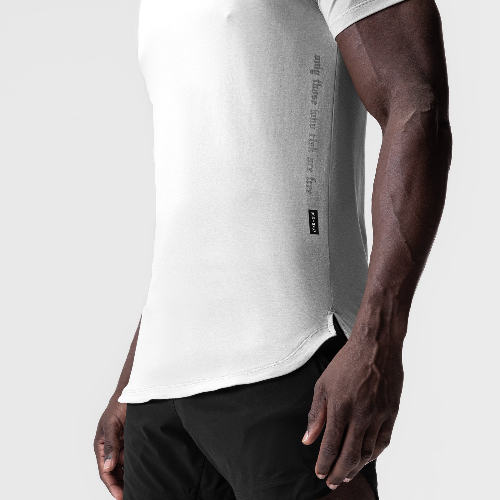 White Supima® Established Tee worn by model, side view
