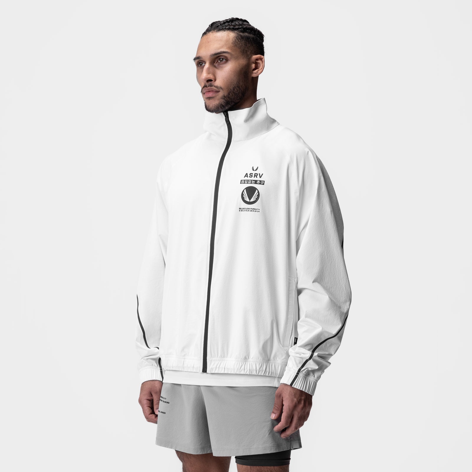 Aerotex™ Track Jacket in white with black zip, modeled on male figure, side view