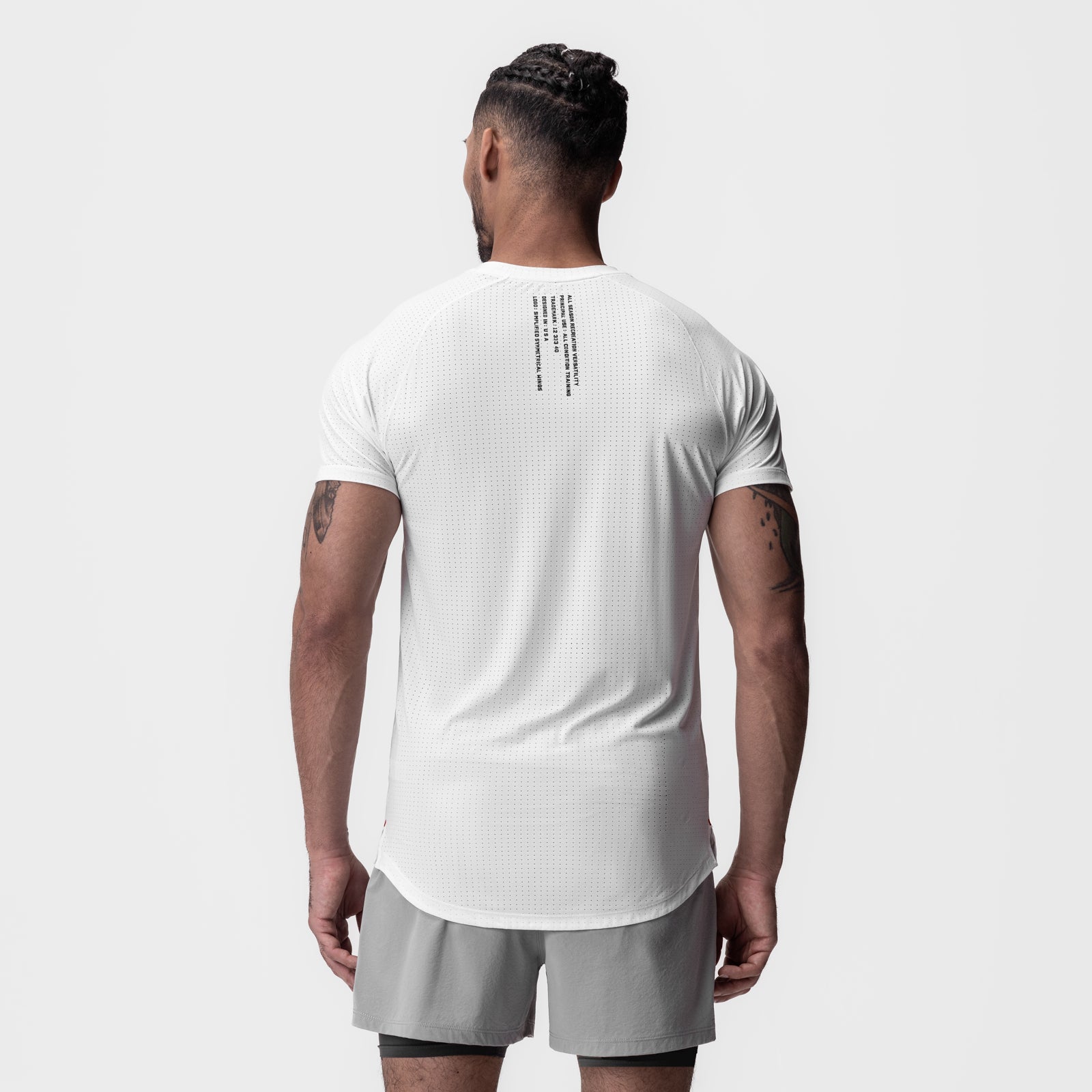 White Laser-Vent Established Tee worn by model, back view