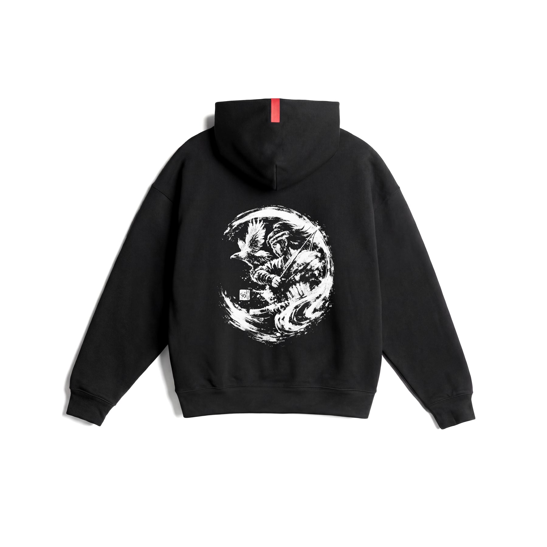 Flatlay Tech-Terry Zip Hoodie in black with white warrior graphic, back view