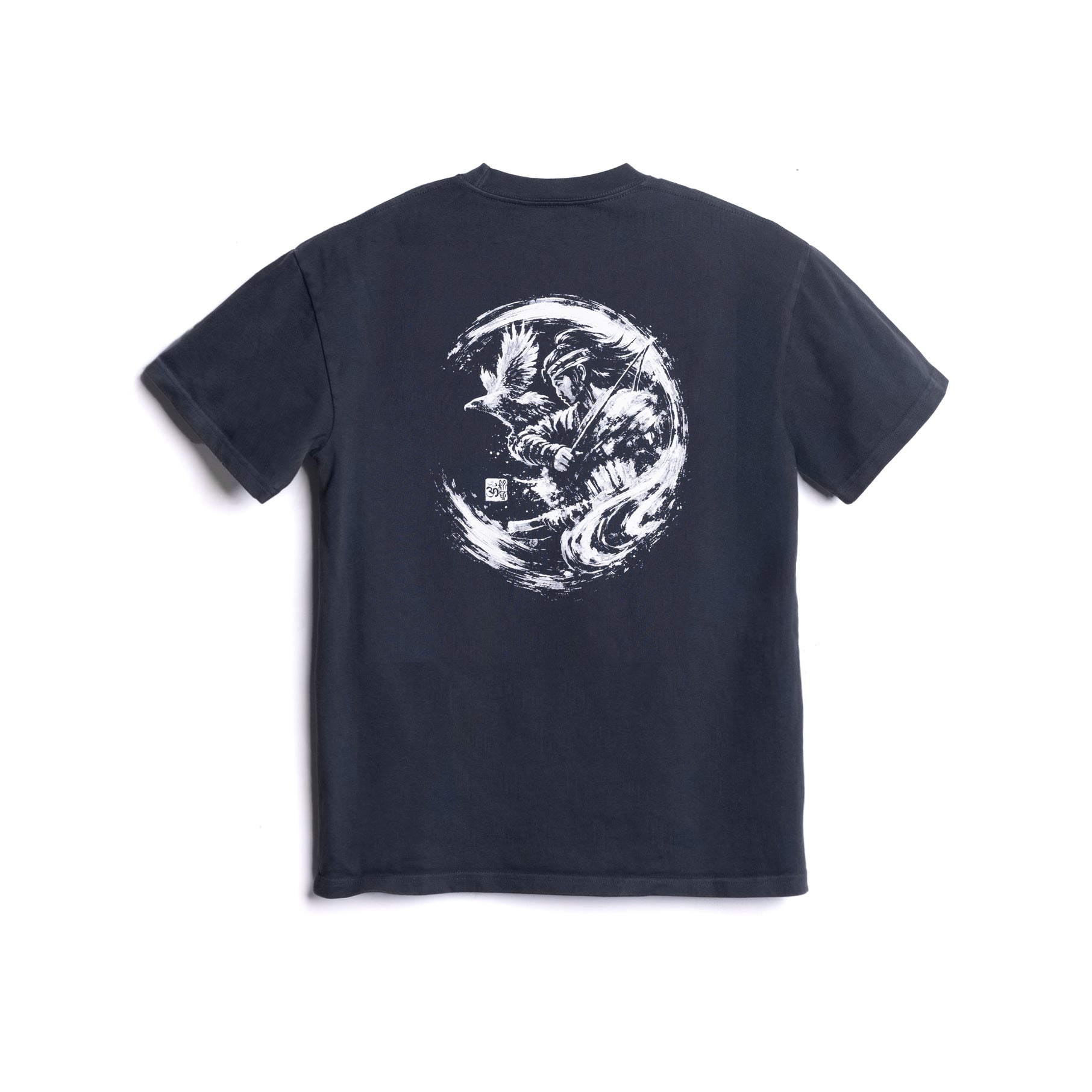 Flatlay of navy cotton tee with white graphic artwork, back view