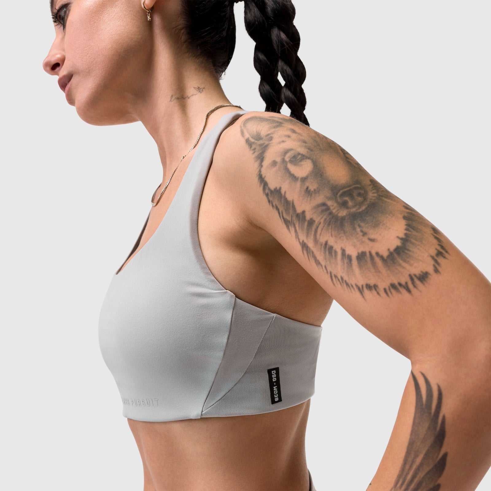 LYCRA® Hybrid Sports Bra in slate grey, side view on model