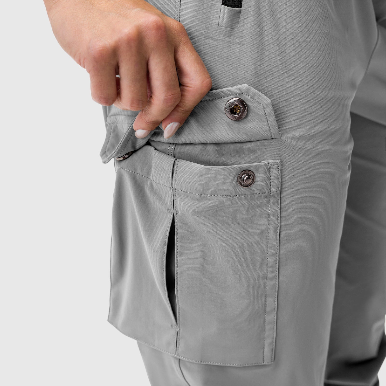 Tetra-Lite Cargo High Rib Jogger in Slate Grey, model wearing pants with hand in cargo pocket detail