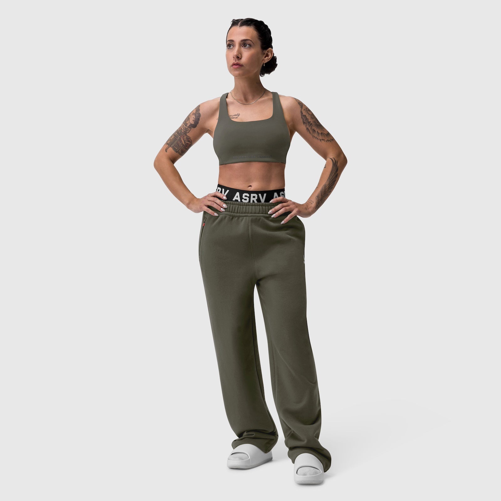W034 Sorona® Terry Straight Leg Sweats in olive, worn by model with matching sports bra