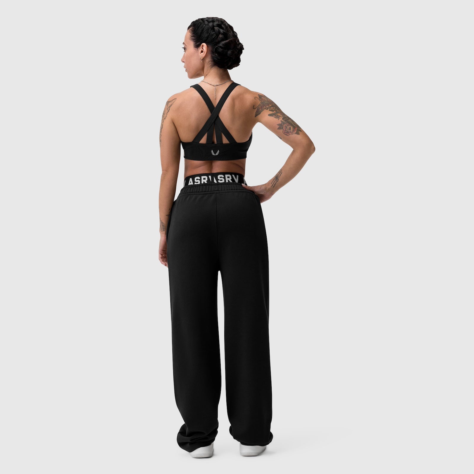 W034 Sorona® Terry Straight Leg Sweats in black, worn by model, back view