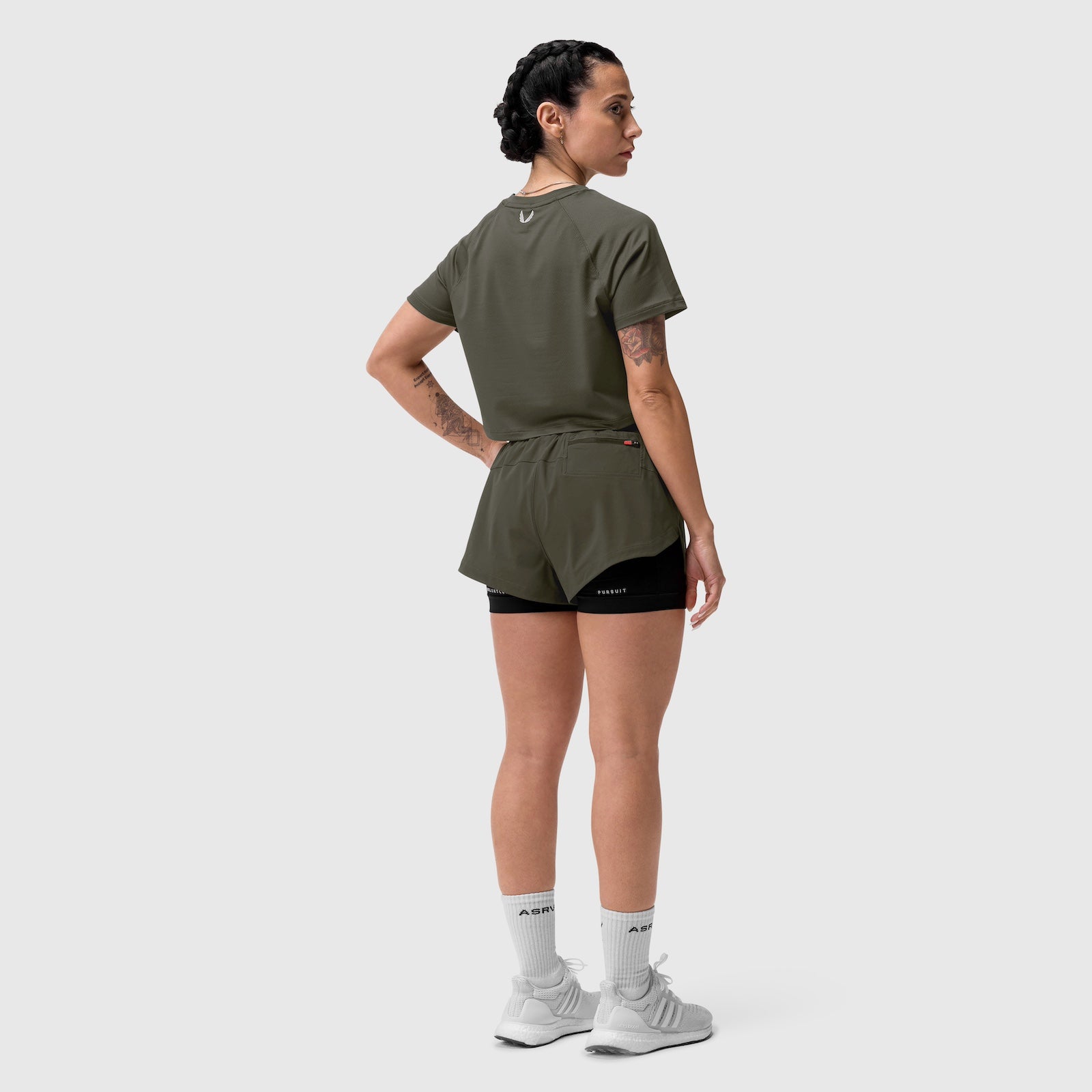 Tetra-Lite Liner Short in olive, worn with matching t-shirt, back view