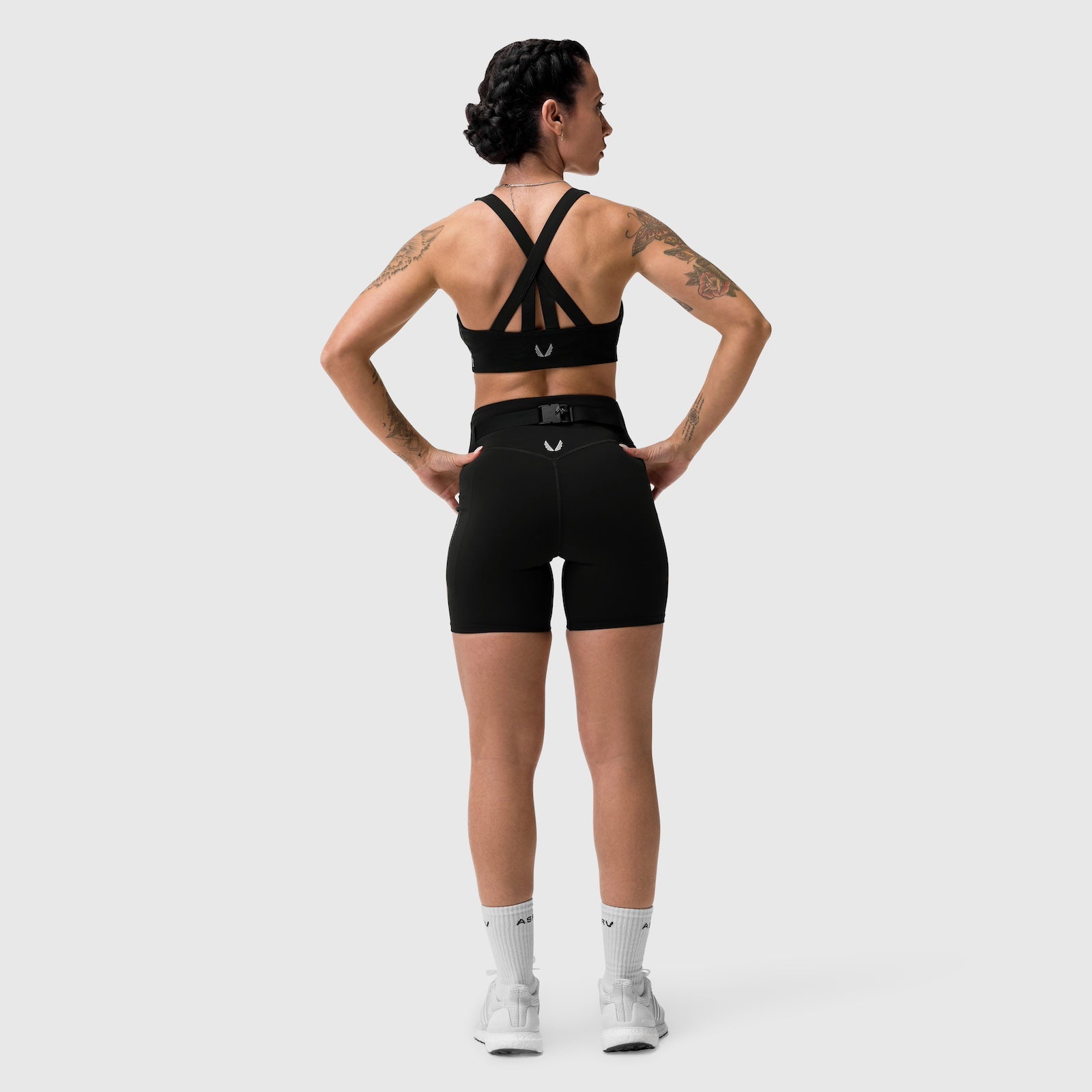 W029 Lycra 3-in-1 biker short in black, back view on model