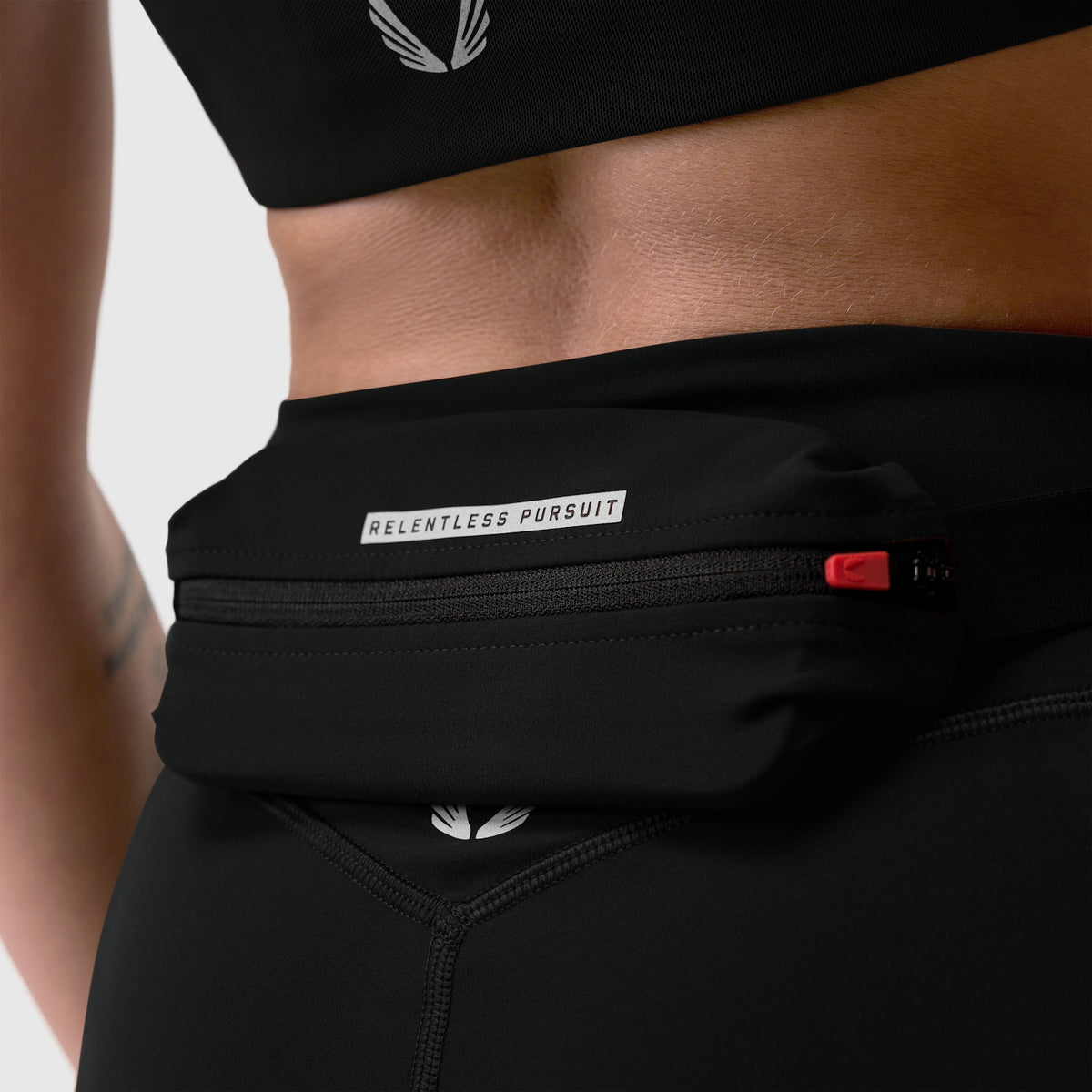 W029 LYCRA® 3-in-1 Biker Short in black, worn on model, waistband detail