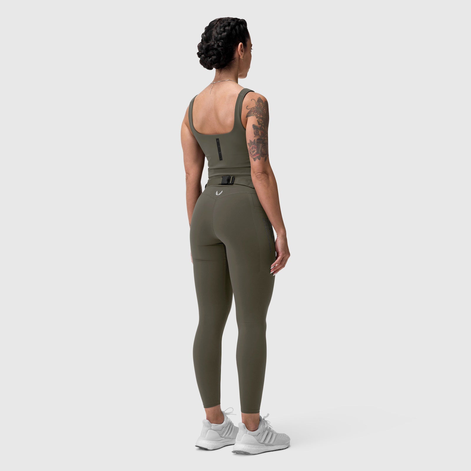 W030 LYCRA® 3-in-1 Legging in olive, back view on model