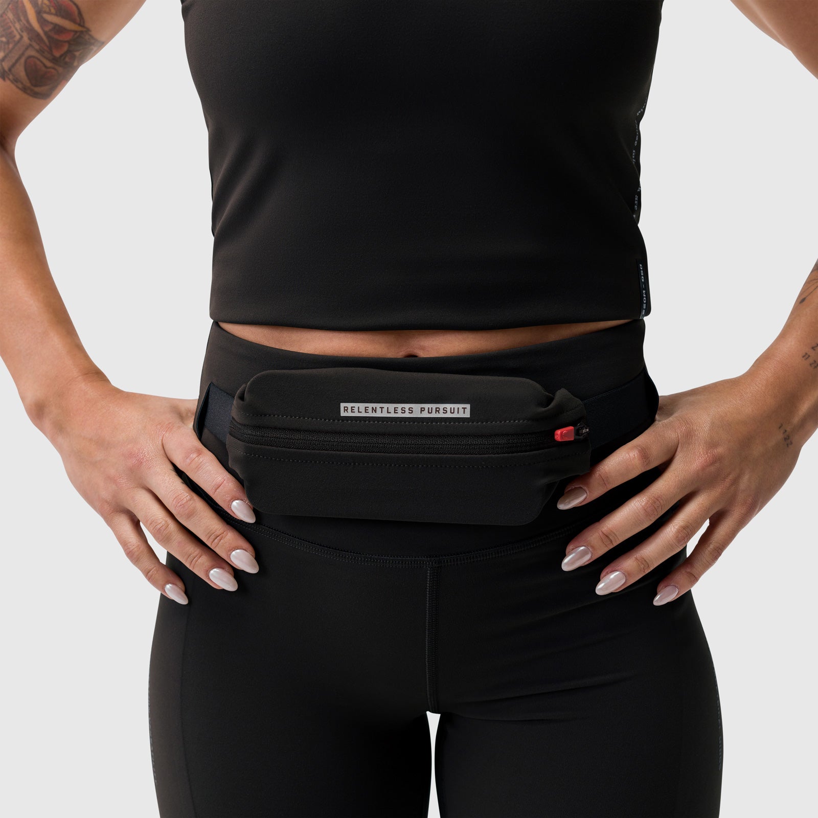 W030 LYCRA 3-in-1 Legging in black worn with waist belt, front view