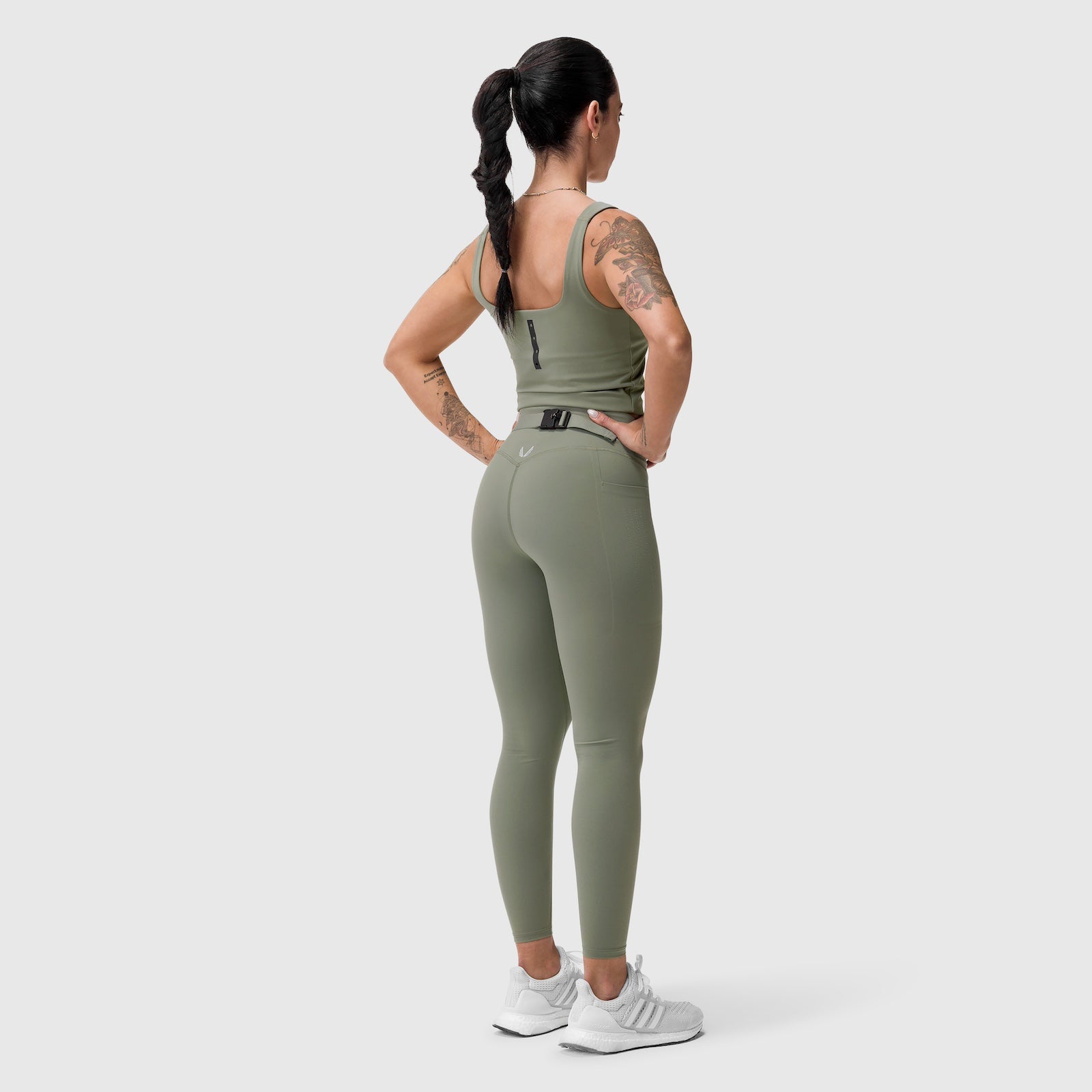 W030 Lycra 3-in-1 legging in sage, back view on model