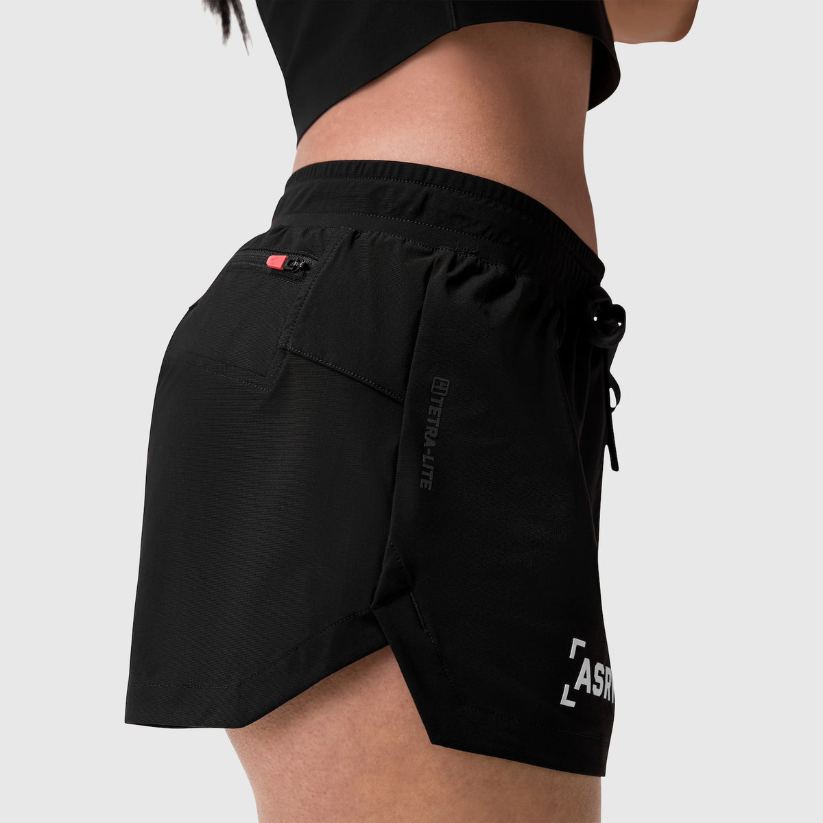 Tetra-Lite Linerless Short in black with 'Bracket' design, worn by model, side view