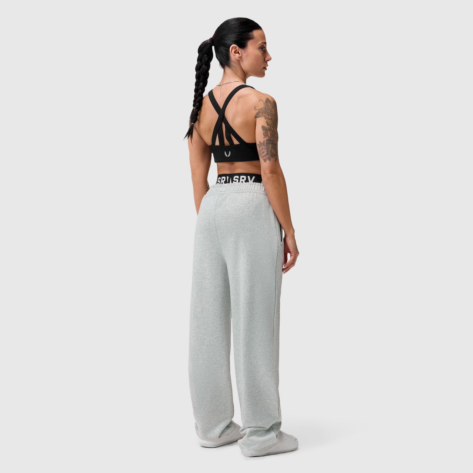 Heather grey Sorona® Terry Straight Leg Sweats worn by model, back view