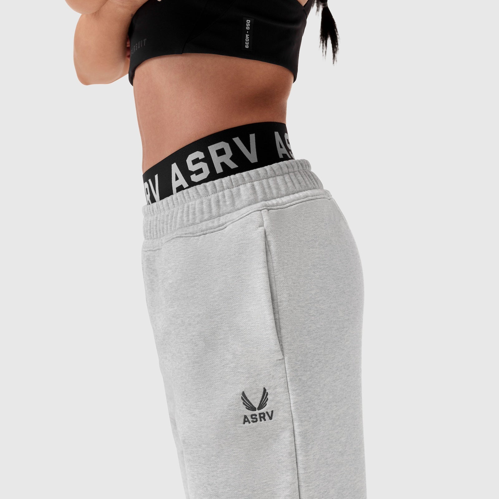 W034 Sorona® Terry Straight Leg Sweats in heather grey, worn by model, side view