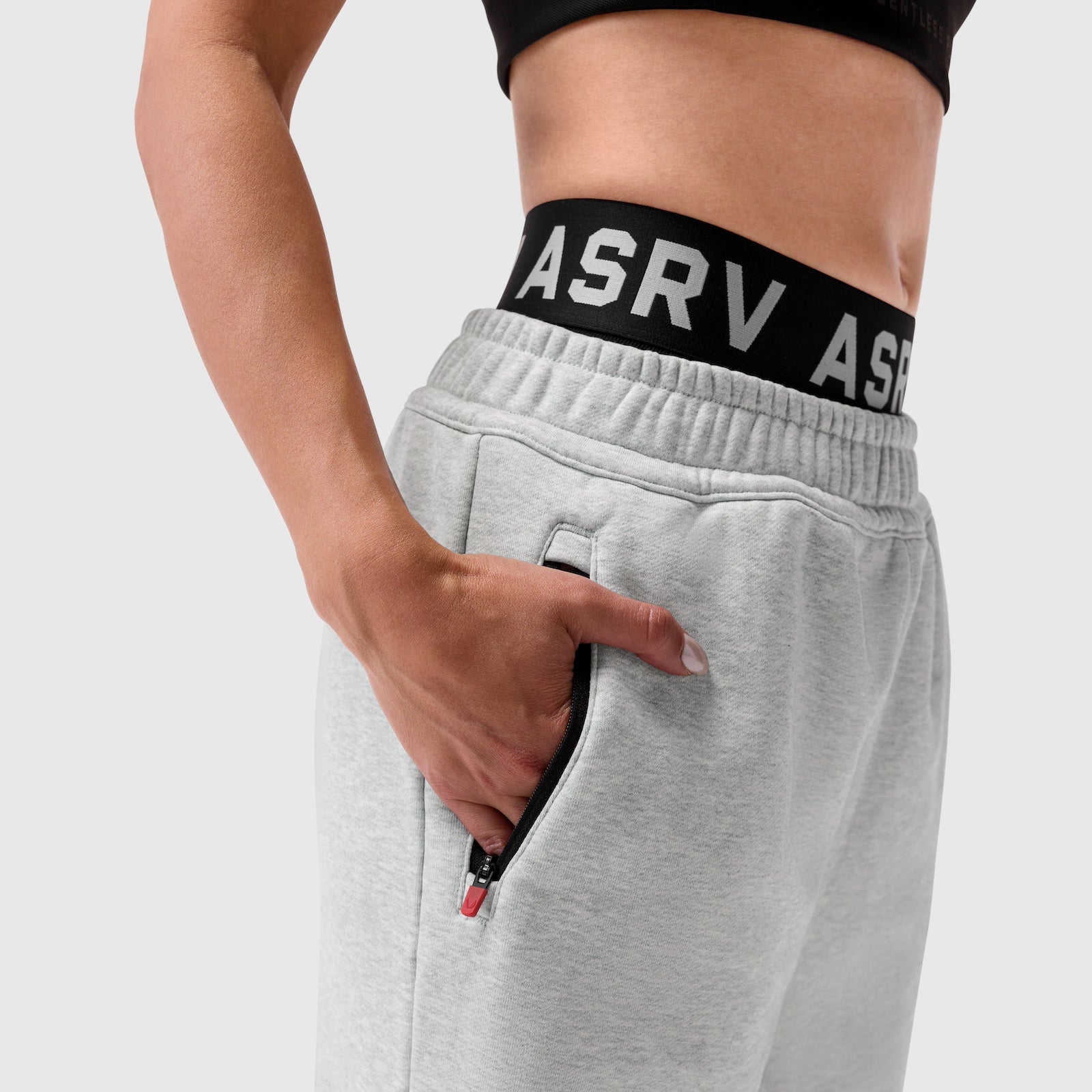 W034 Sorona® Terry Straight Leg Sweats in heather grey, model wearing with hand in pocket