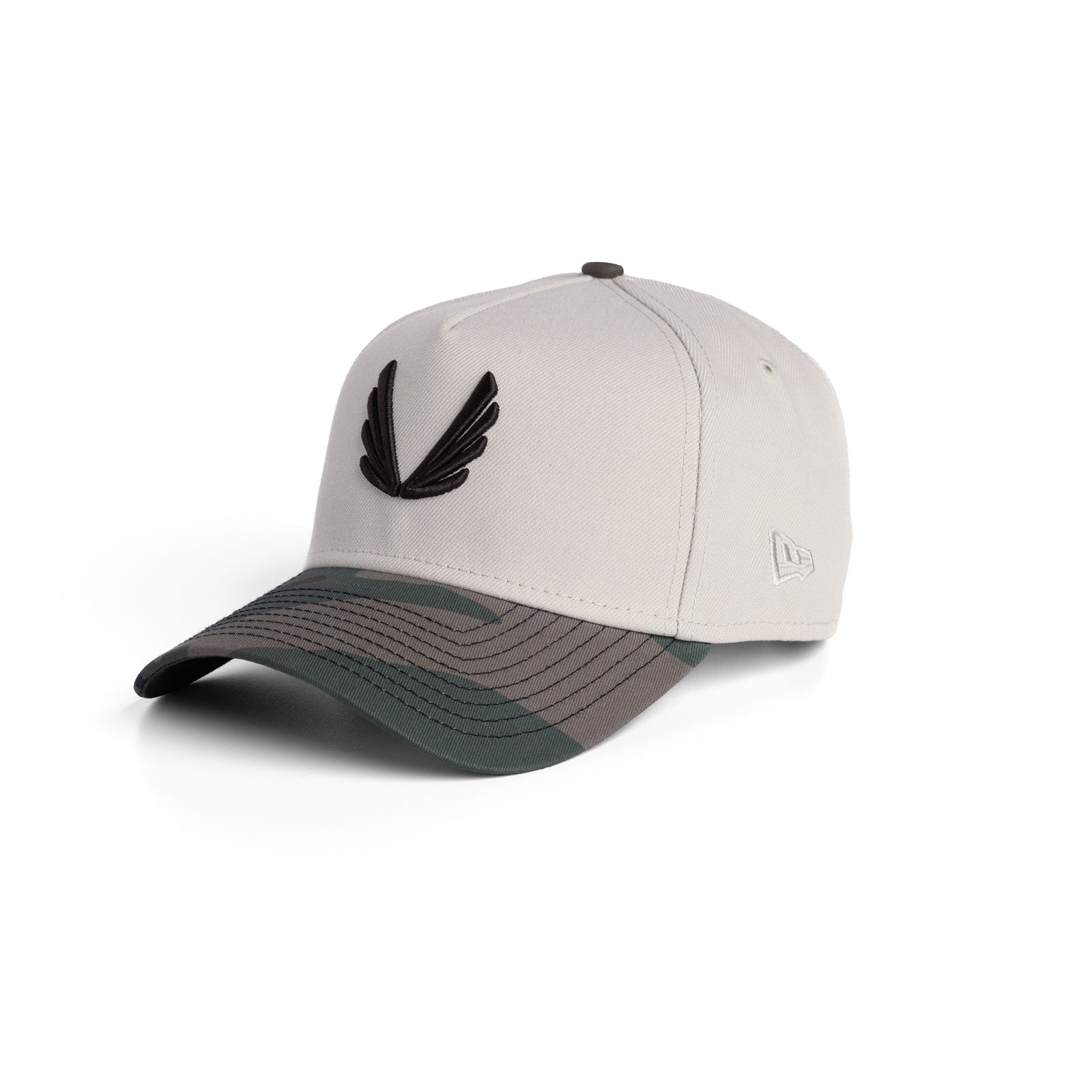 flatlay New Era 9Forty A-Frame Hat in stone and woodland camo, front view