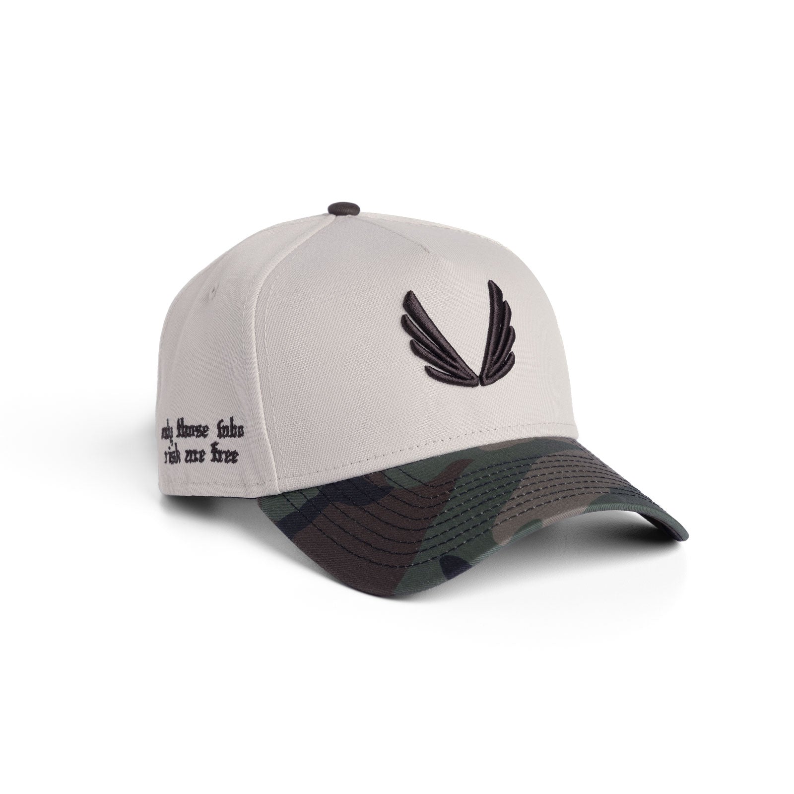 flatlay New Era 9Forty A-Frame Hat in stone and woodland camo, front view