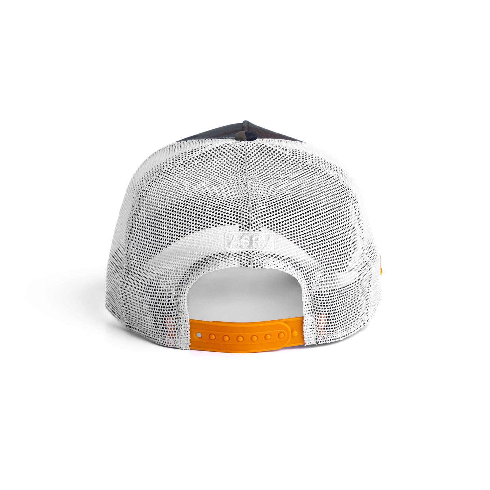 flatlay New Era 9Forty A-Frame Trucker Hat in white mesh and orange snapback, back view