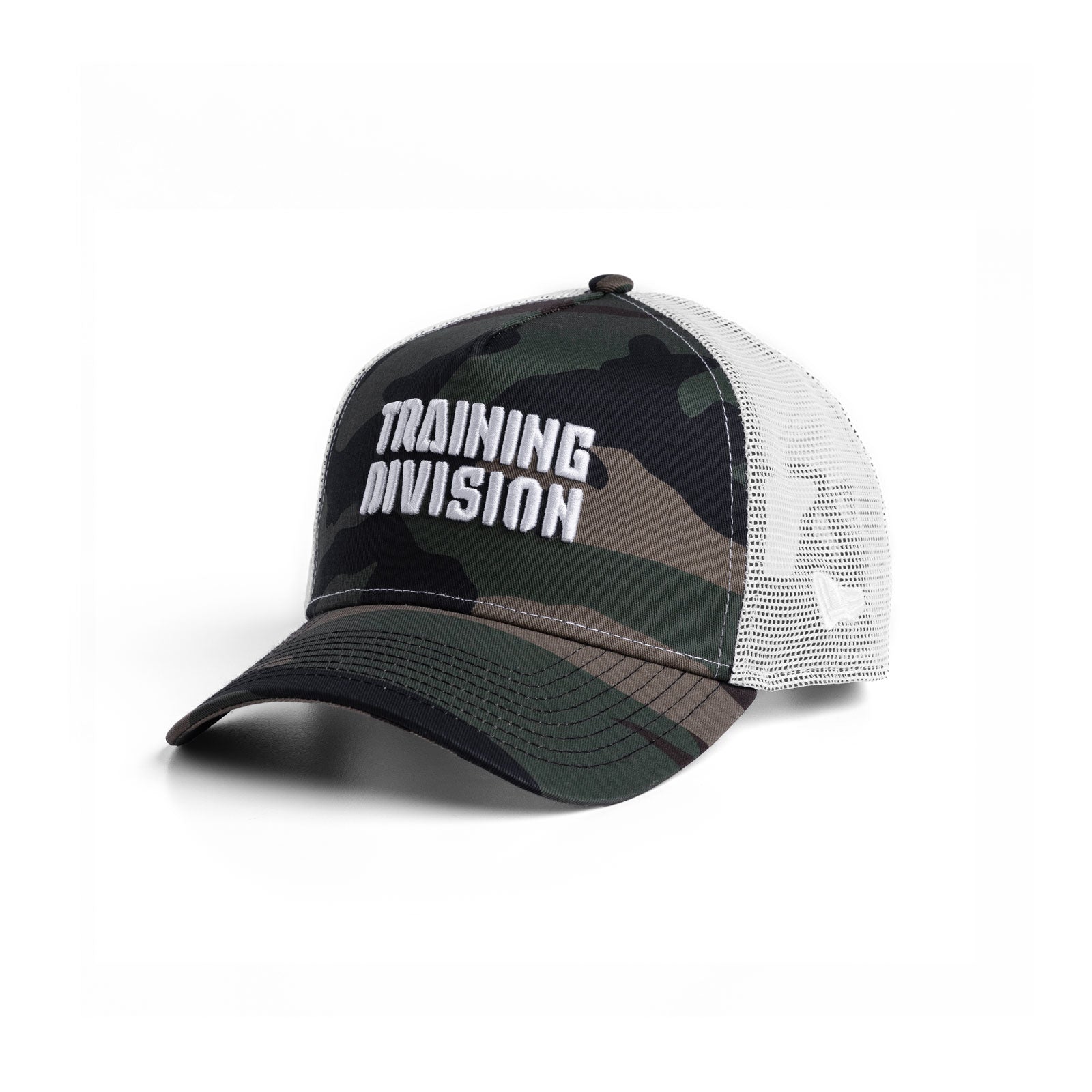 Training Division trucker hat in woodland camo and white, angled front view