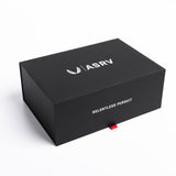 ASRV premium gift box in black with 'Relentless Pursuit' tagline and red pull tab
