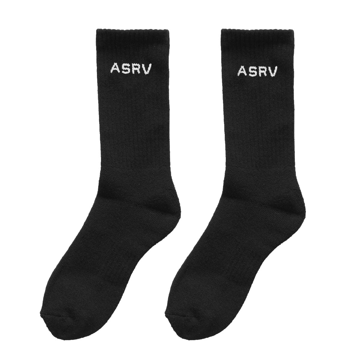 Flatlay of ASRV Essential Crew Socks in black, pair displayed on white background