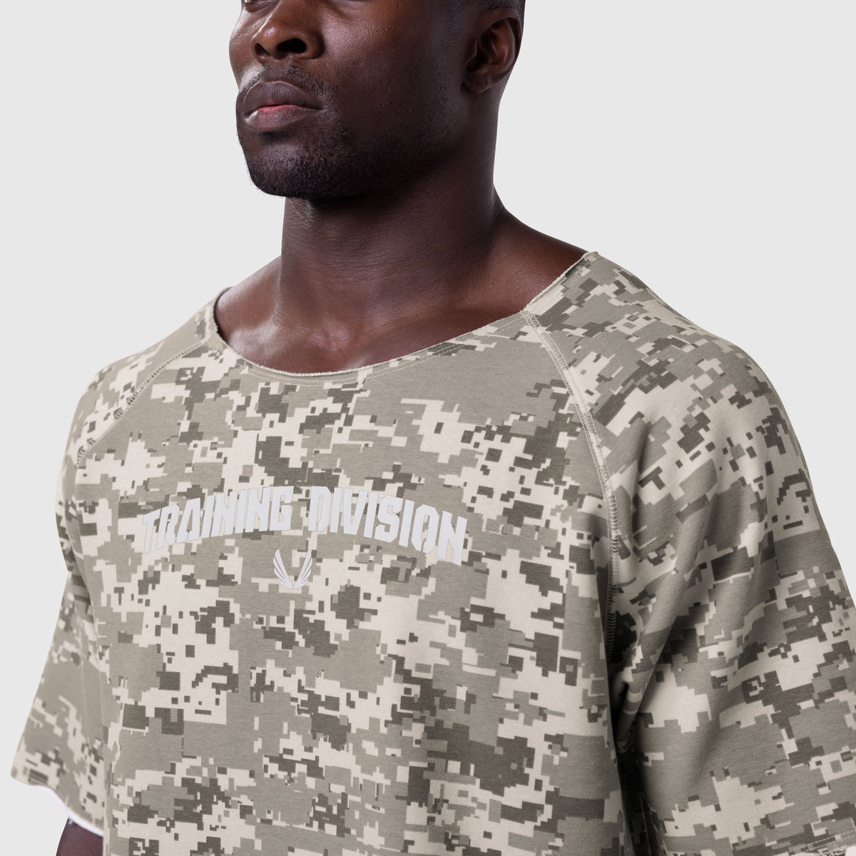 Vintage Raw Hem Pump Cover in digital camo, worn by model, front view