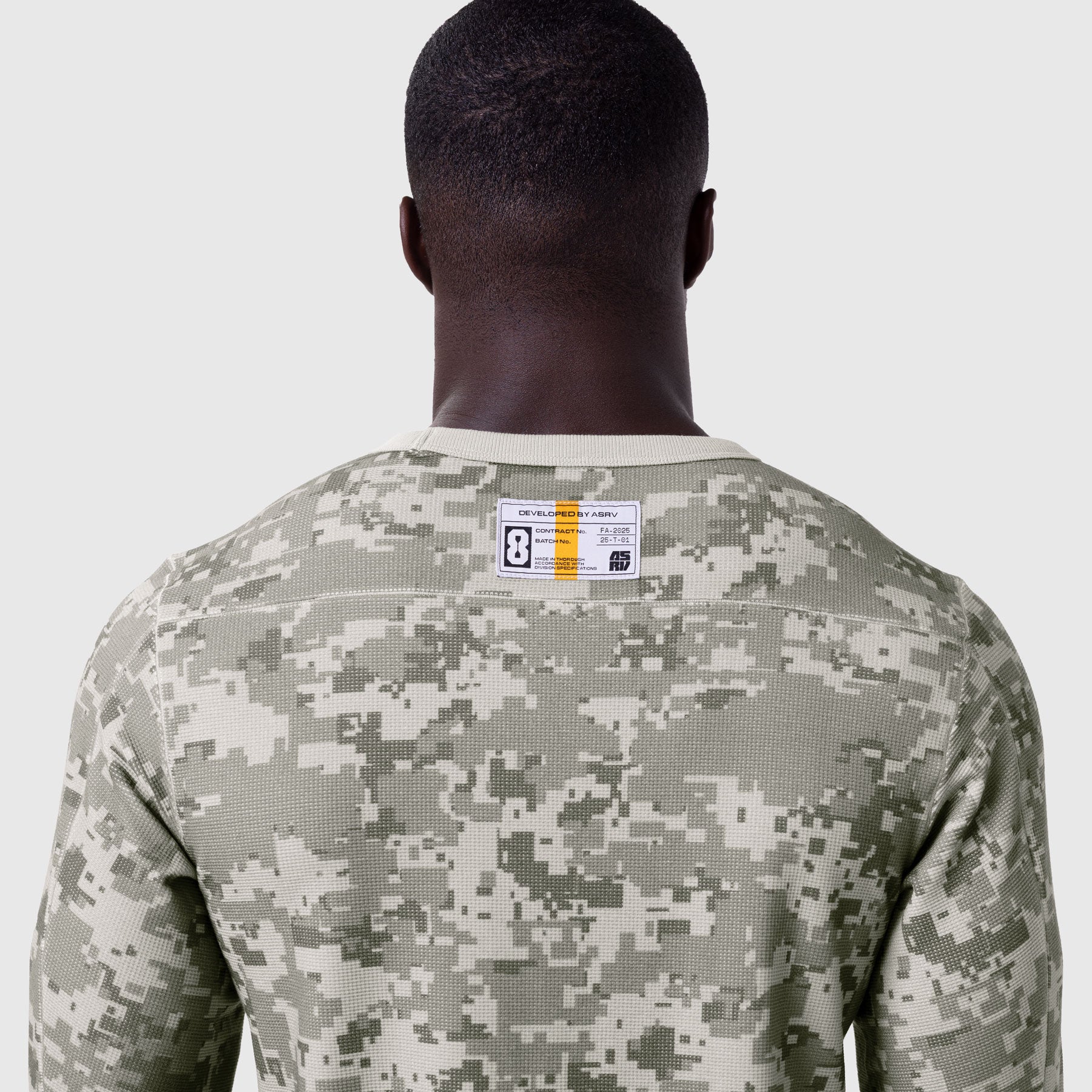 1112 Waffle Knit Longsleeve in digital camo, back view on model